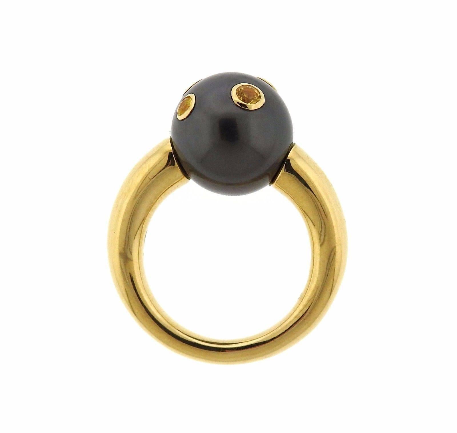 Mikimoto Tahitian Pearl Yellow Sapphire Gold Ring In Excellent Condition In Lambertville, NJ