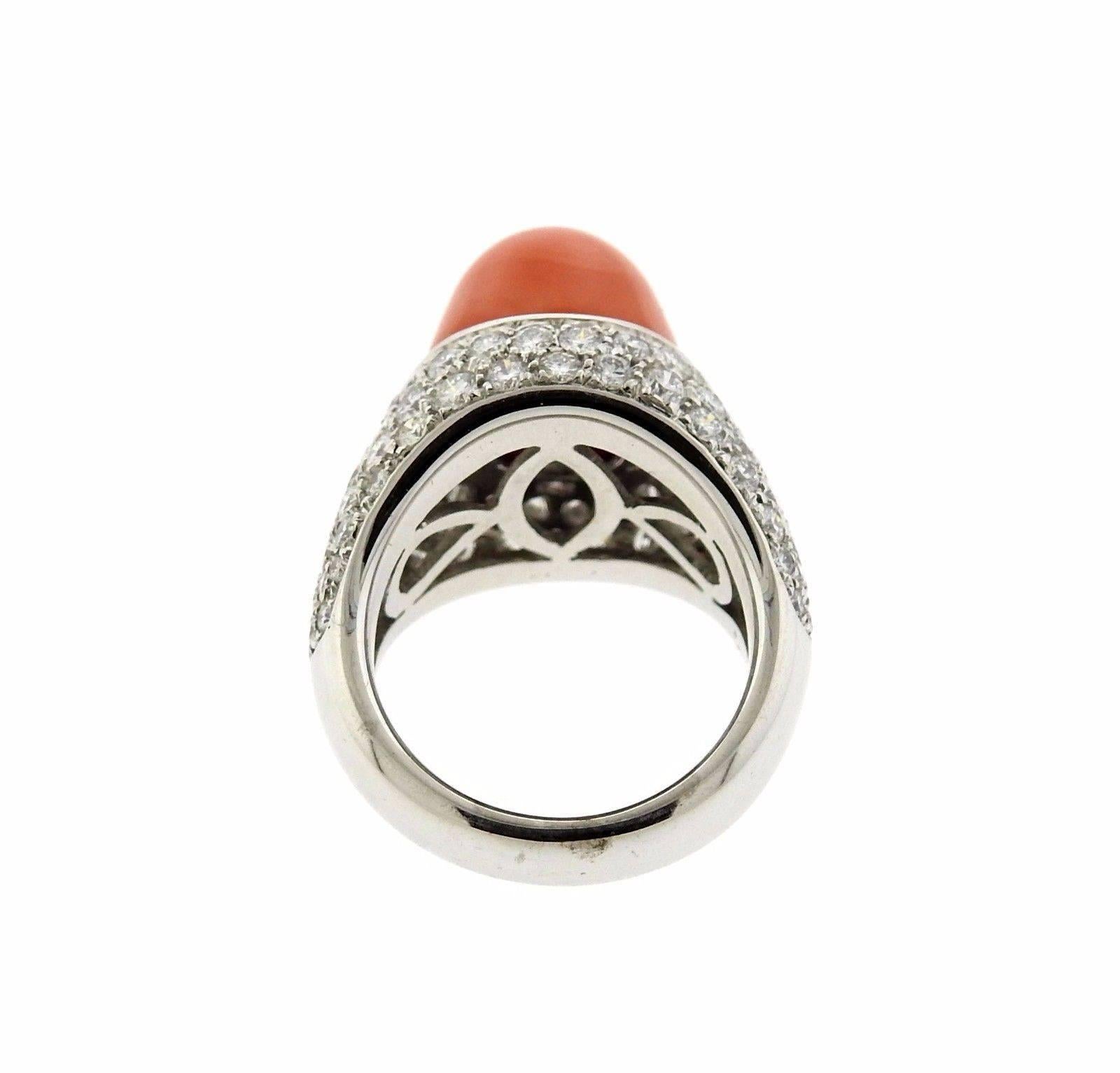 Chantecler Capri Cabochon Coral Diamond Gold Ring In Excellent Condition In Lambertville, NJ