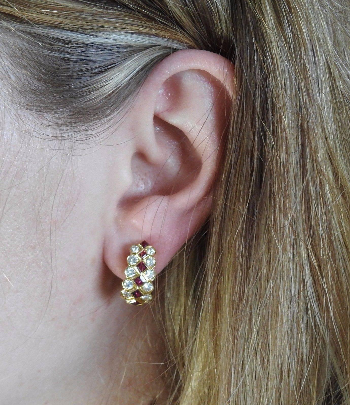 Tiffany & Co. Ruby Diamond Gold Half Hoop Earrings In Excellent Condition In Lambertville, NJ