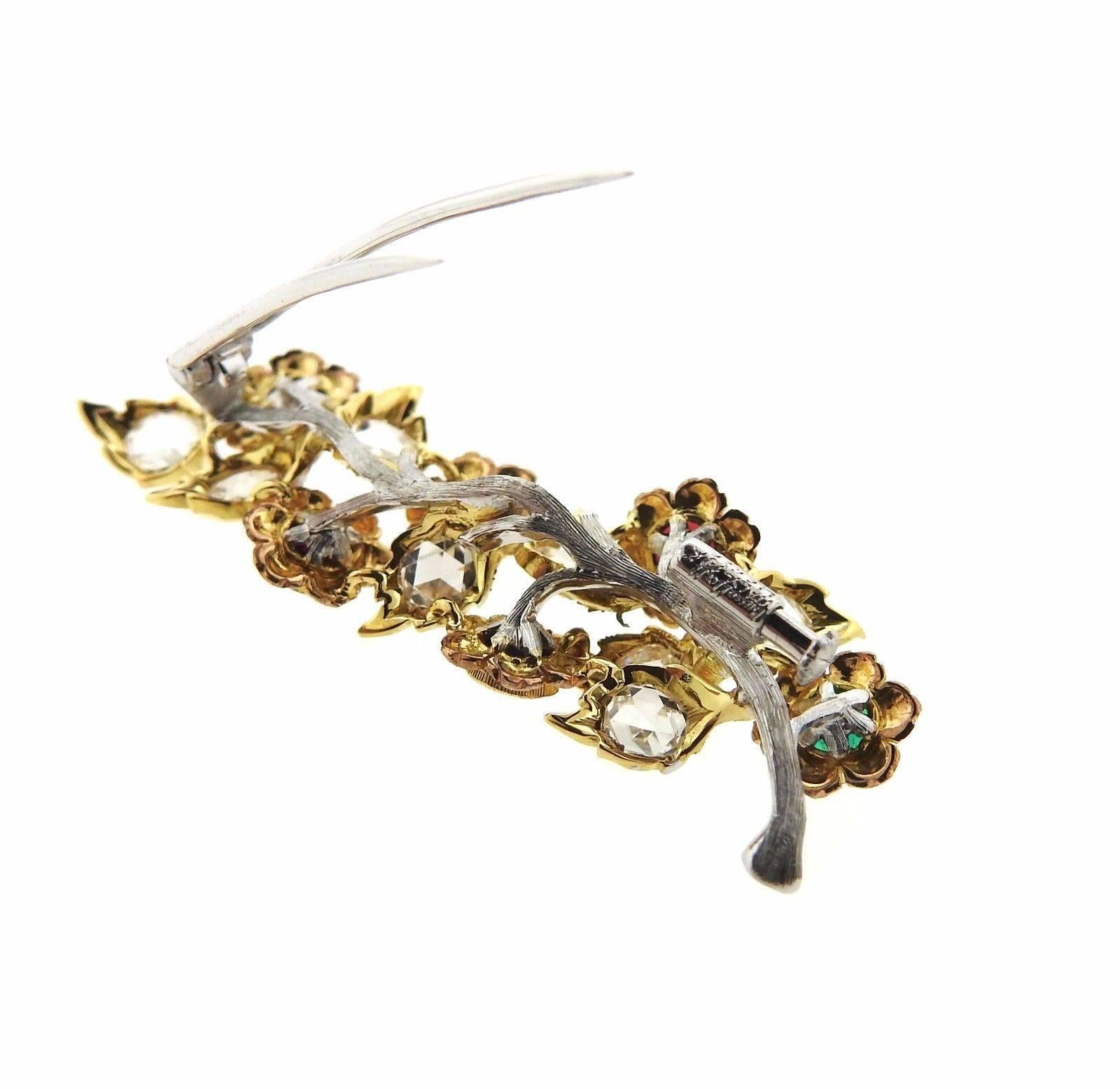 Women's or Men's Buccellati Sapphire Emerald Rose Cut Diamond Rose Gold  Brooch