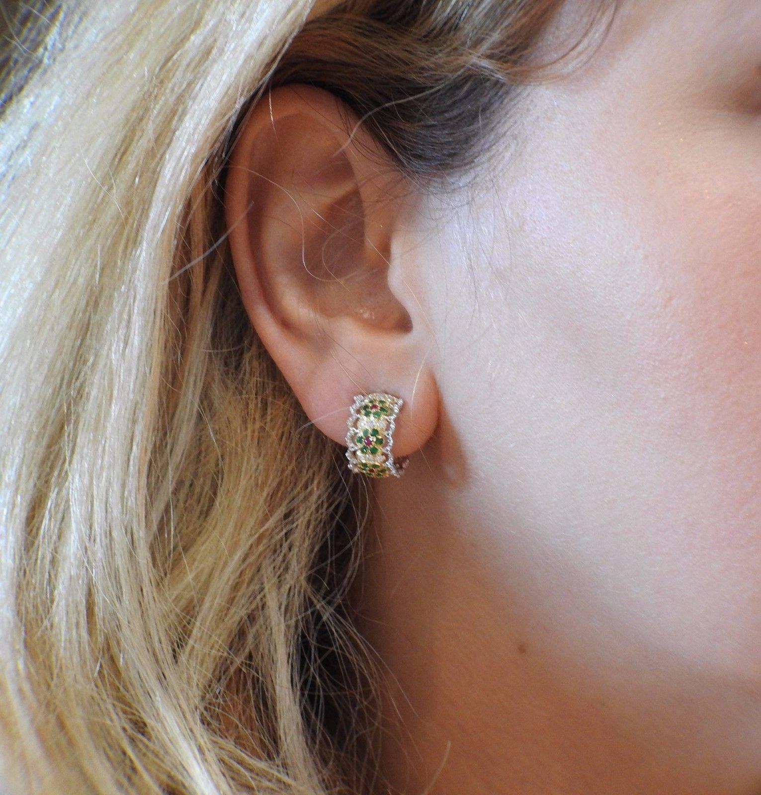 Buccellati Emerald Ruby Diamond Gold Hoop Earrings 1