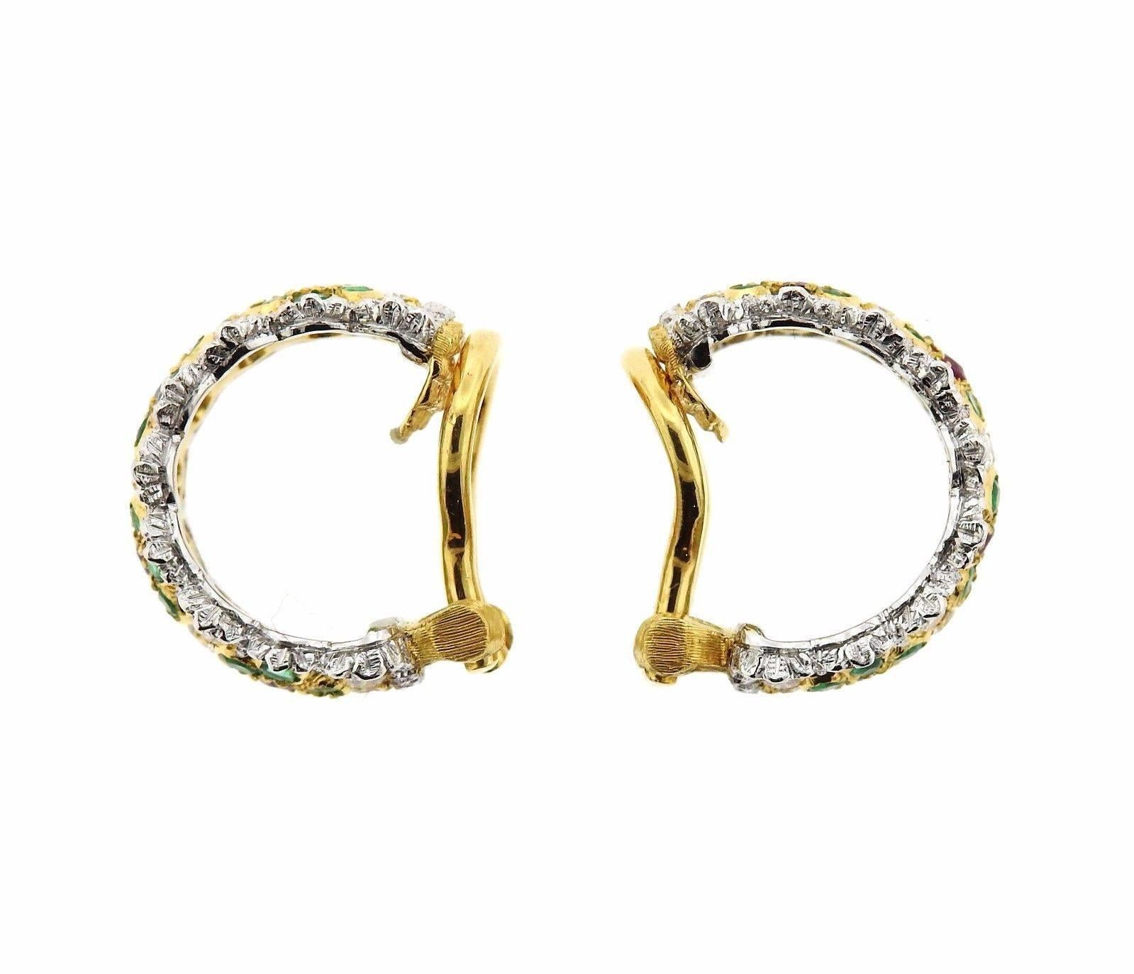 Women's Buccellati Emerald Ruby Diamond Gold Hoop Earrings