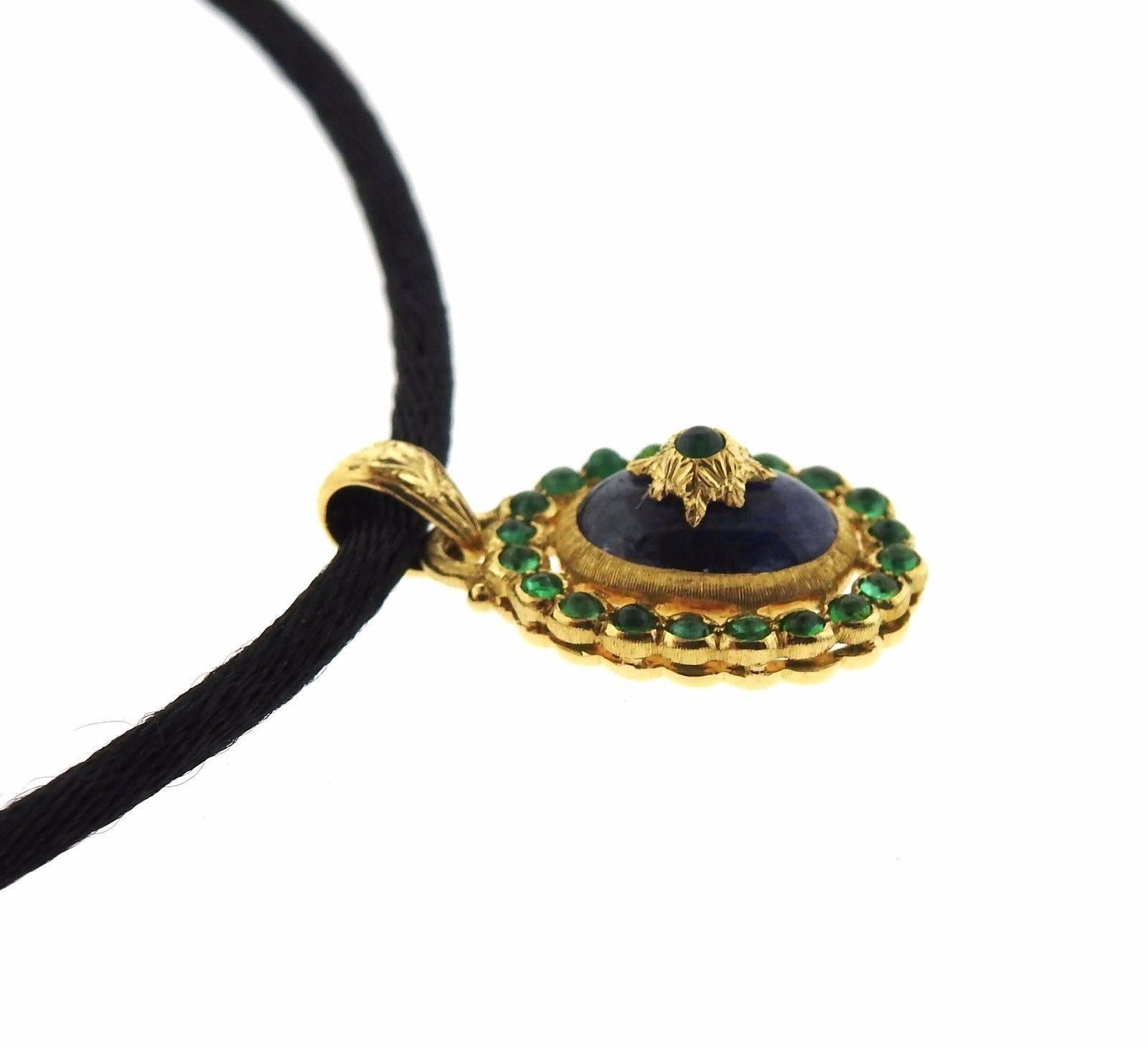 Buccellati Sapphire Emerald Gold Pendant Cord Necklace In New Condition In Lambertville, NJ