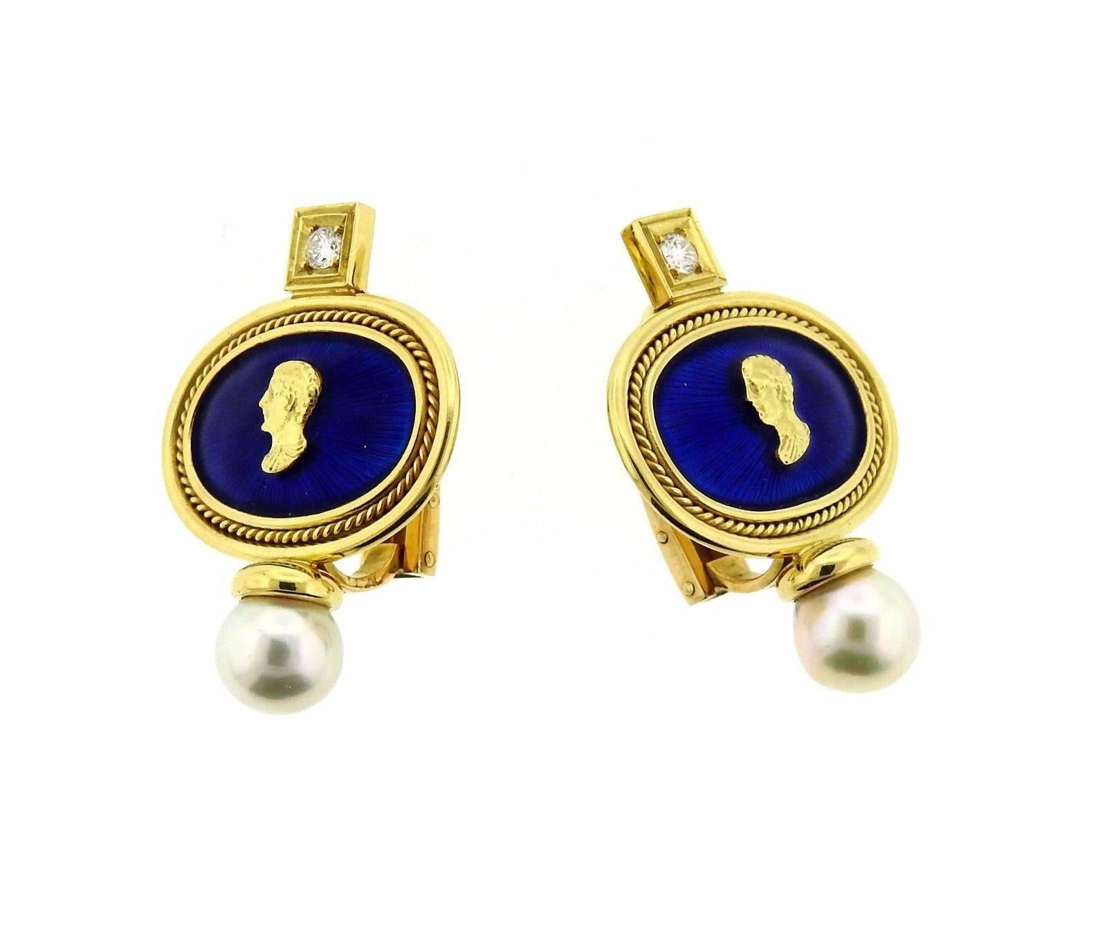 A pair of 18k yellow gold and enamel earrings set with 8.2mm pearls and approximately 0.20ctw of G/VS diamonds.  The earrings measure 33mm X 24mm and weigh 21 grams.  Marked: EG Gage 750, English gold marks.