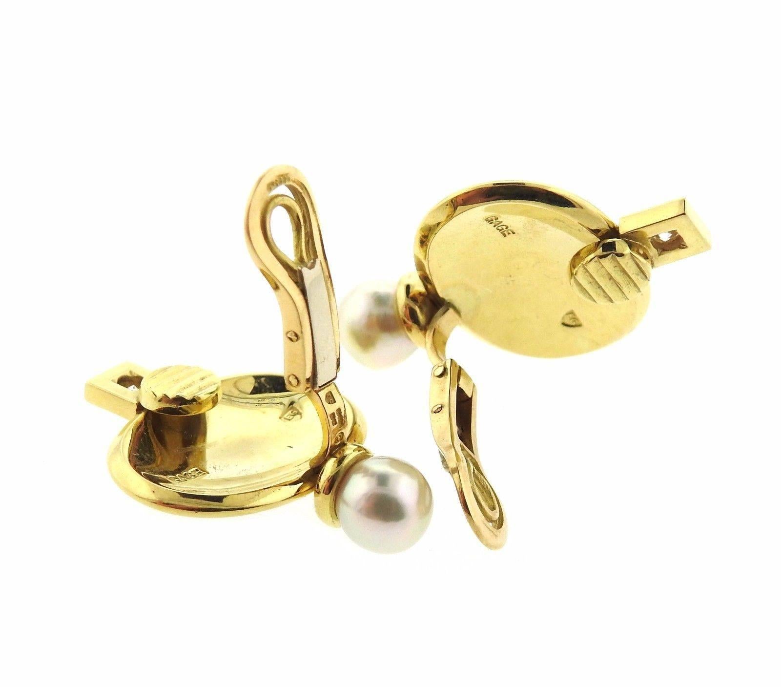 Elizabeth Gage Enamel Pearl Diamond Gold Earrings In Excellent Condition In Lambertville, NJ