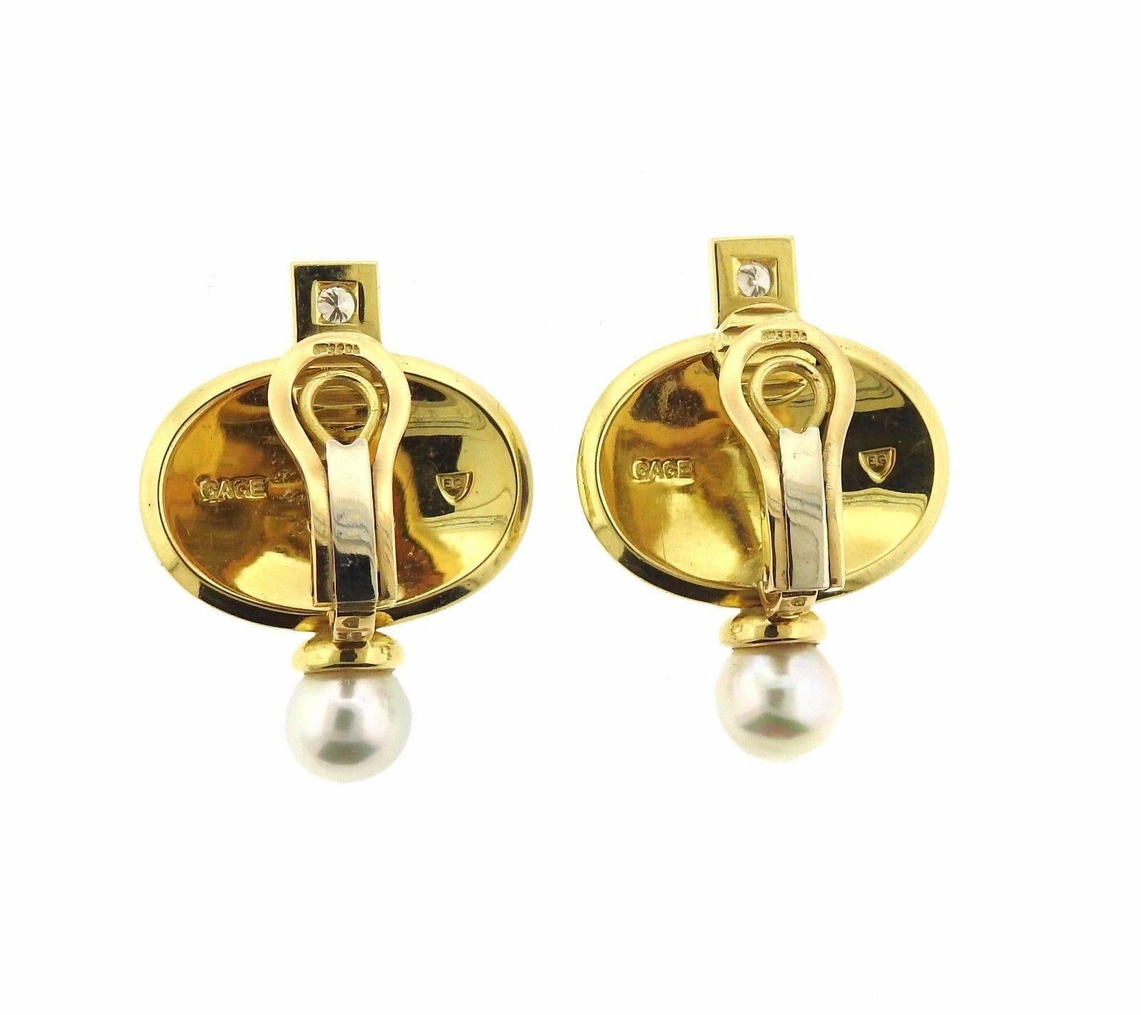 Women's Elizabeth Gage Enamel Pearl Diamond Gold Earrings