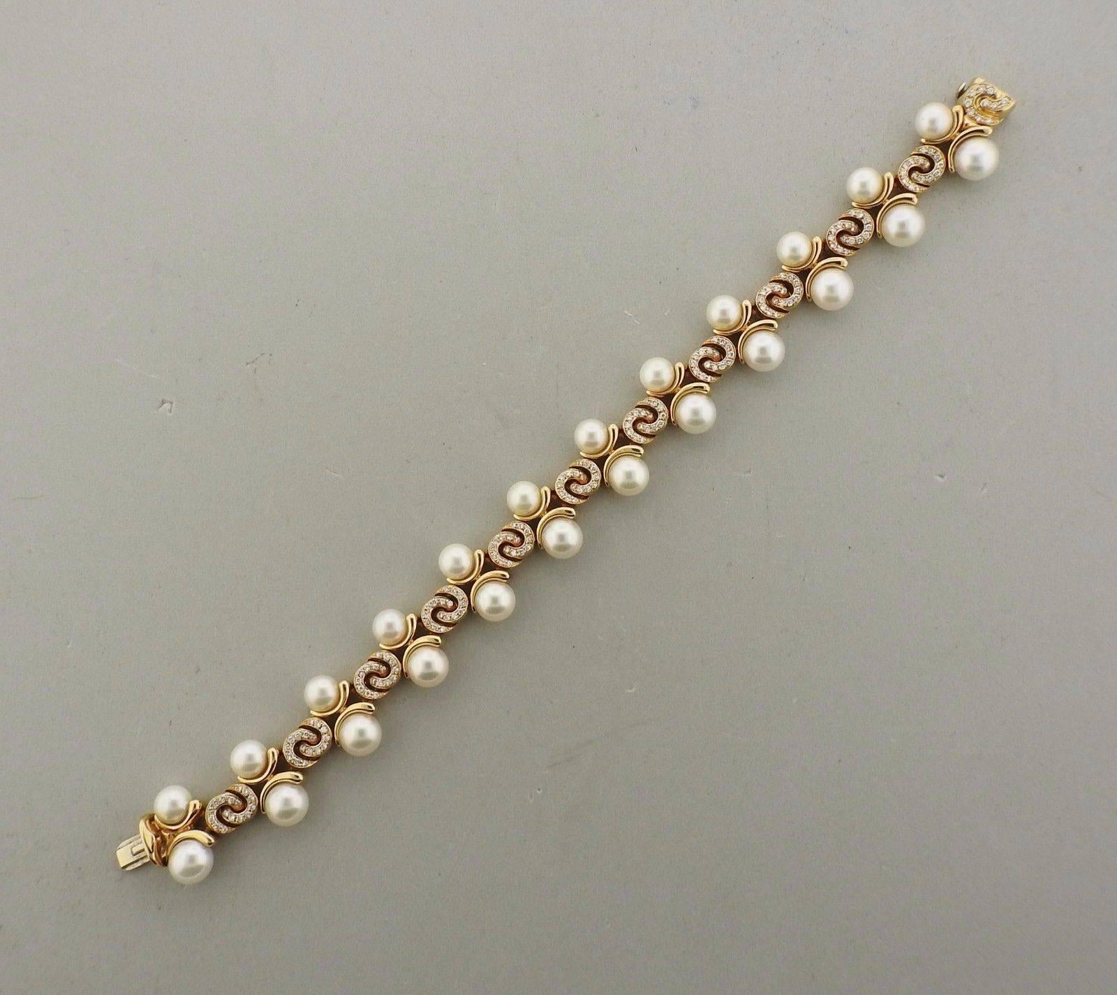Marina B Pearl Diamond Gold Necklace Bracelet Earrings Set In Excellent Condition In Lambertville, NJ