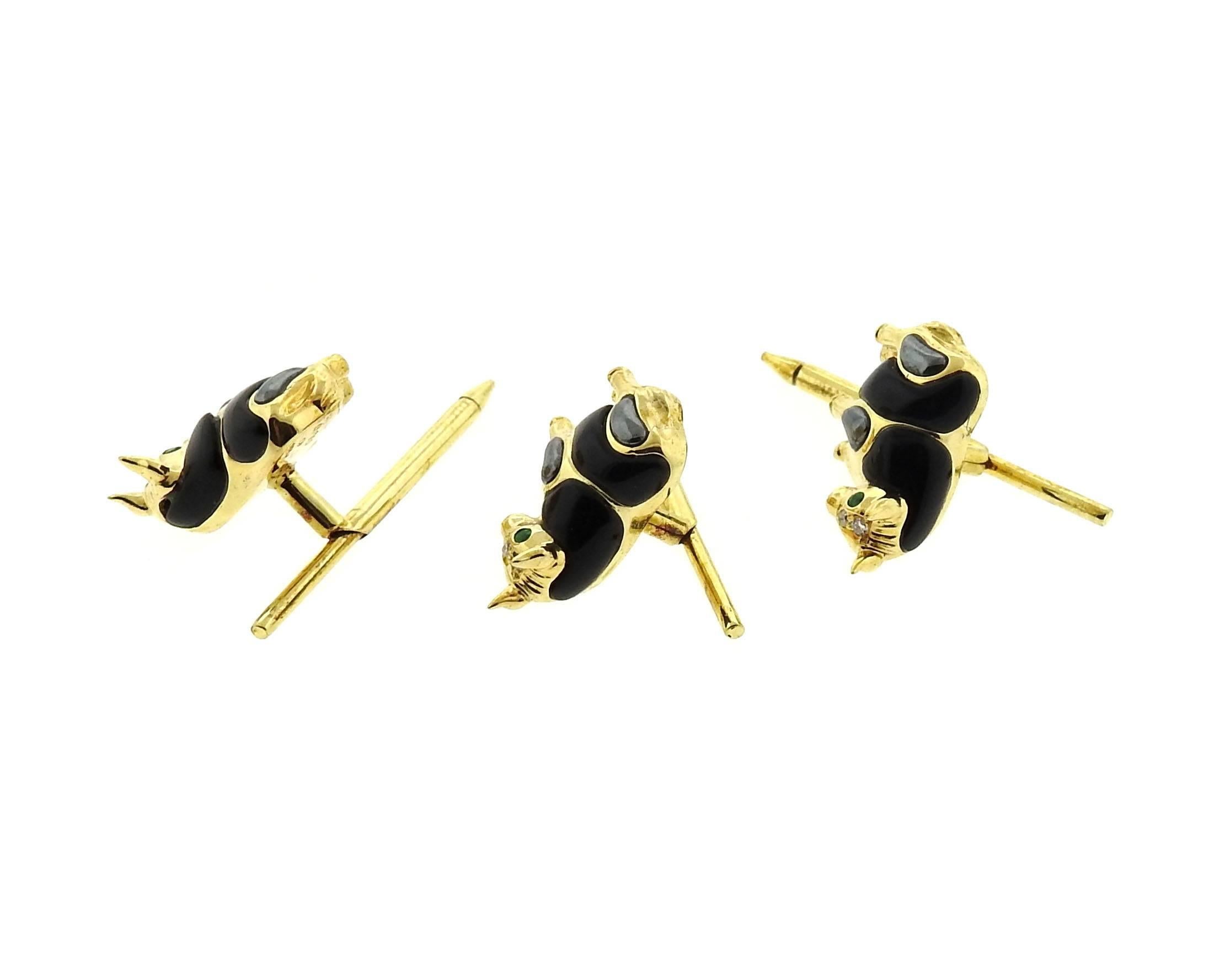 Exquisite 14k yellow gold cufflinks and studs set, crafted by Asch Grossbardt, featuring bulls design, decorated with onyx, hemamtite, diamonds and emerald eyes.  Cufflink is 28mm x 18mm,  stud top - 13mm x 17mm . Marked: 14k Asch Grossbardt. Weight