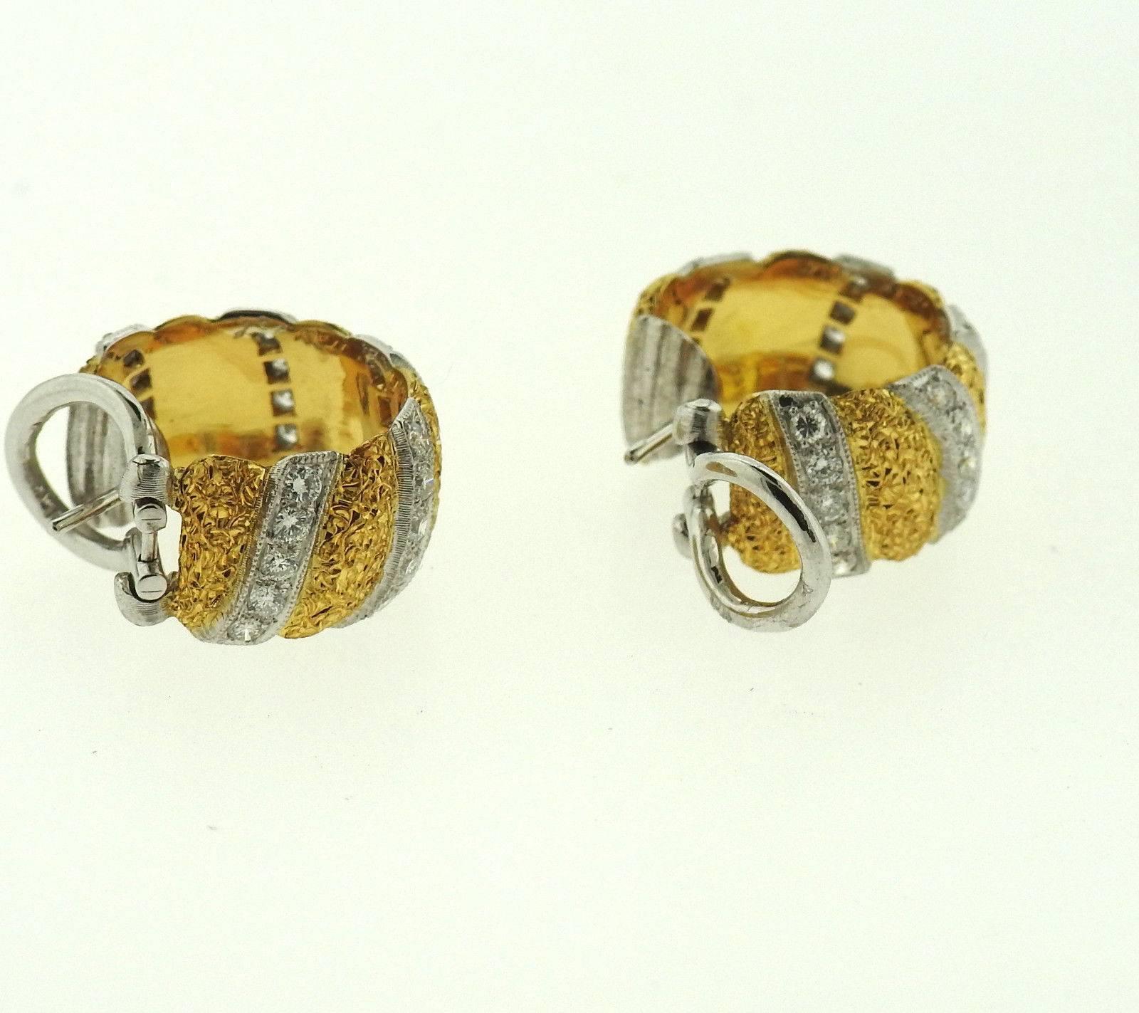 Round Cut Buccellati Gold Diamond Hoop Earrings For Sale