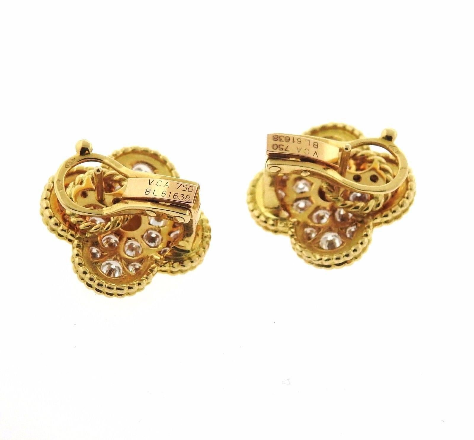 A pair of 18k yellow gold earrings set with 2.20ctw of FG/VVS diamonds.  Earrings are 20mm x 20mm and weigh 12.4 grams.  Marked: VCA, 750, BL61638. 