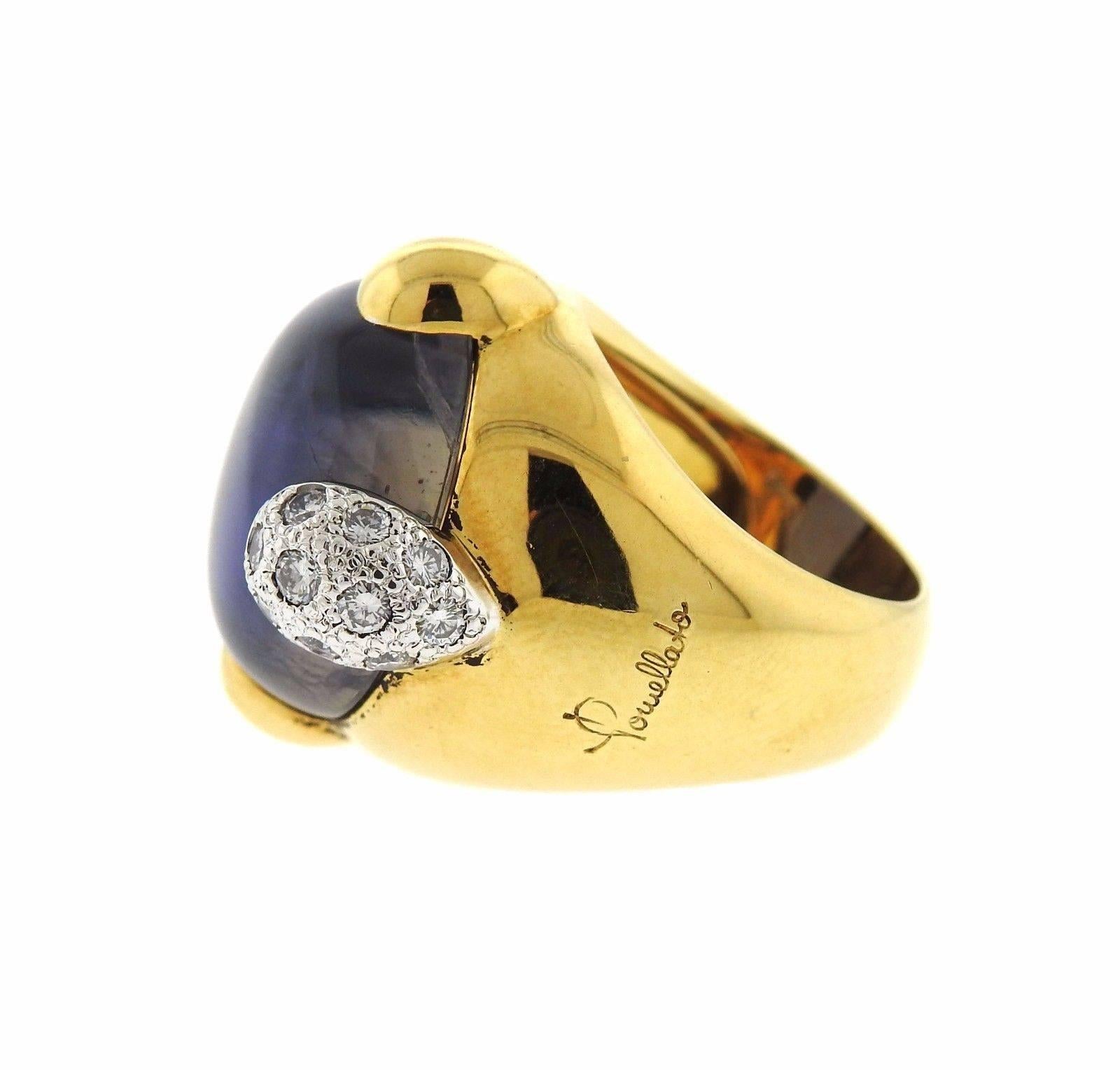 An 18k gold ring set with purple quartz.  The ring is a size 6 1/2 and the ring top is 23mm x 24mm.  The weight of the ring is 21.2 grams.  Marked: 750, Italian mark, Pomellato. The retail is $4500.