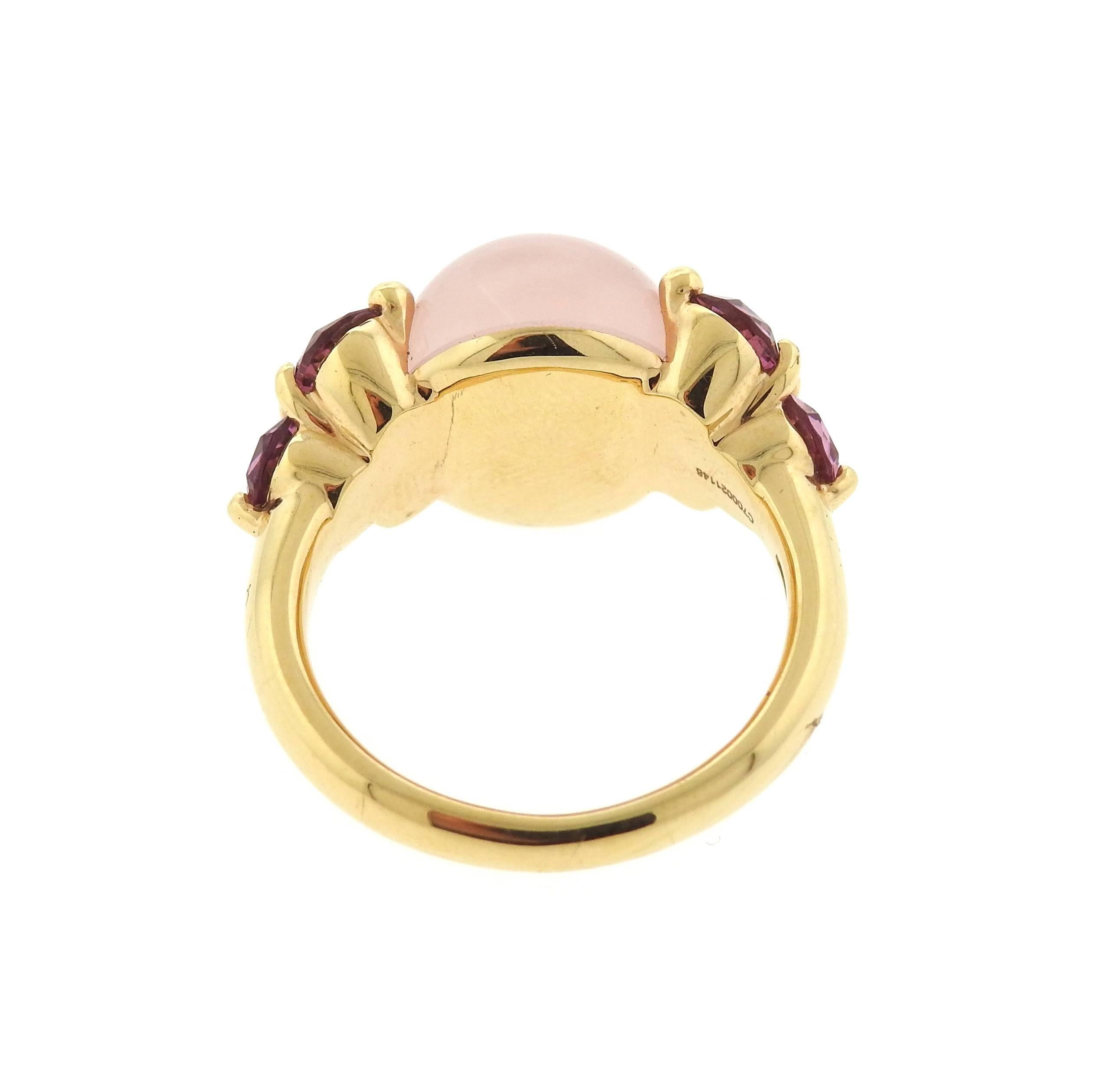 An 18k gold ring crafted by Pomellato for the Luna collection. Featuring rose quarts and pink tourmaline. Ring is a size 7 1/2, ringtop is 12.7mm x 24mm. Marked Pomellato 750. Weight is 9.5 grams. Retails for $5300.