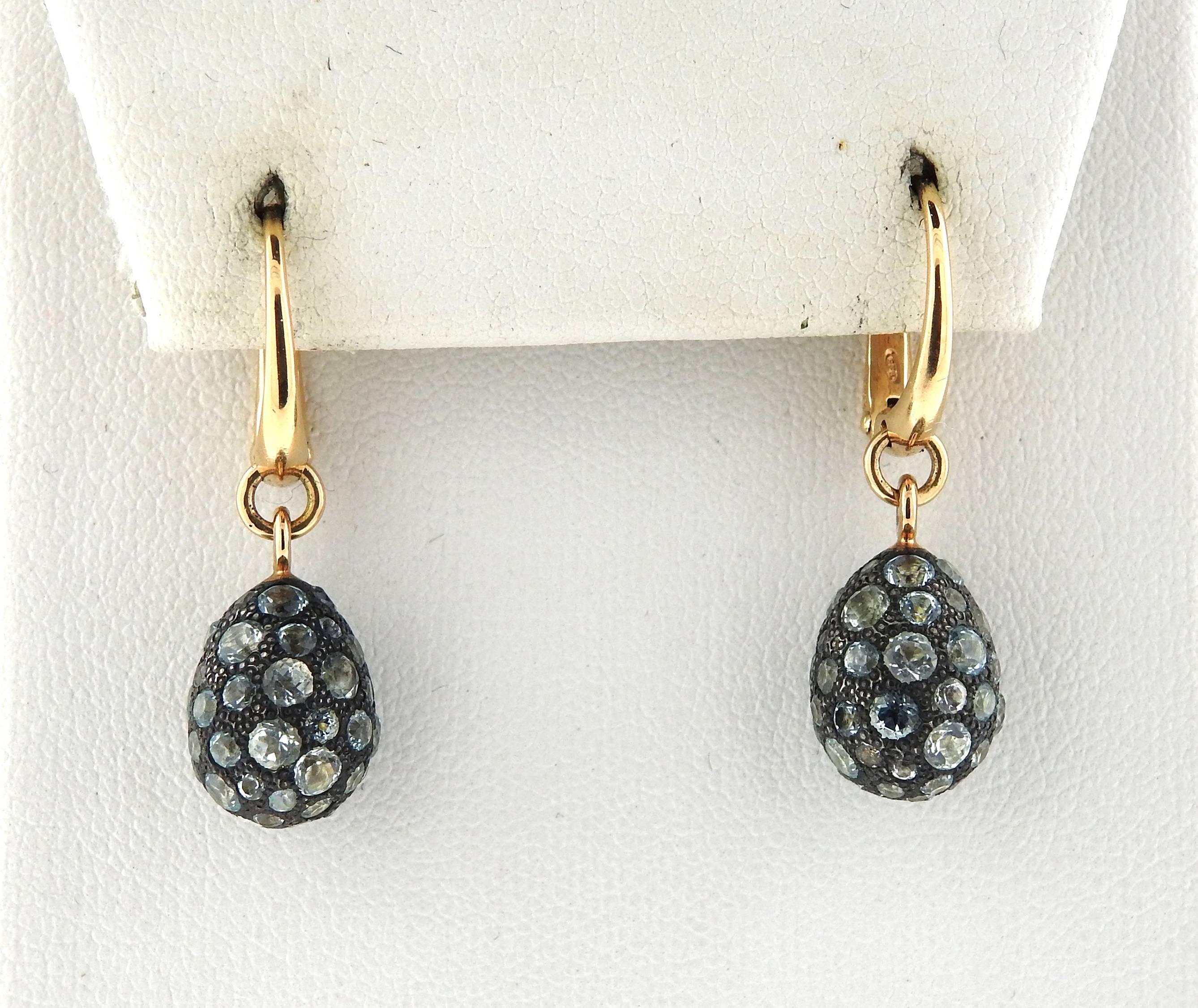Pomellato Tabou Gold Burnished Silver Blue Topaz Drop Earrings In Excellent Condition In Lambertville, NJ