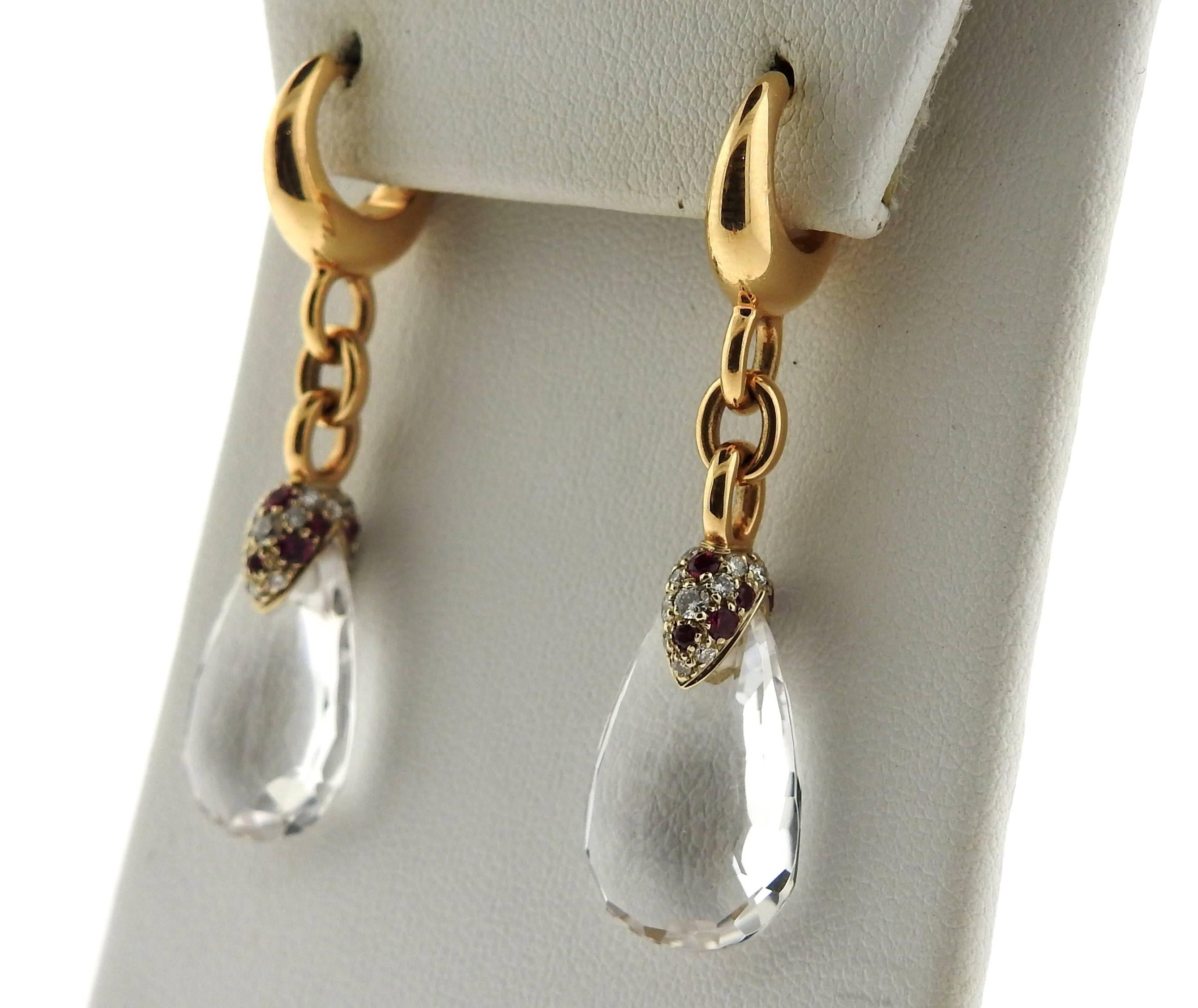 Pomellato Pin Up Clear Quartz Diamond Gold Drop Earrings In New Condition In Lambertville, NJ