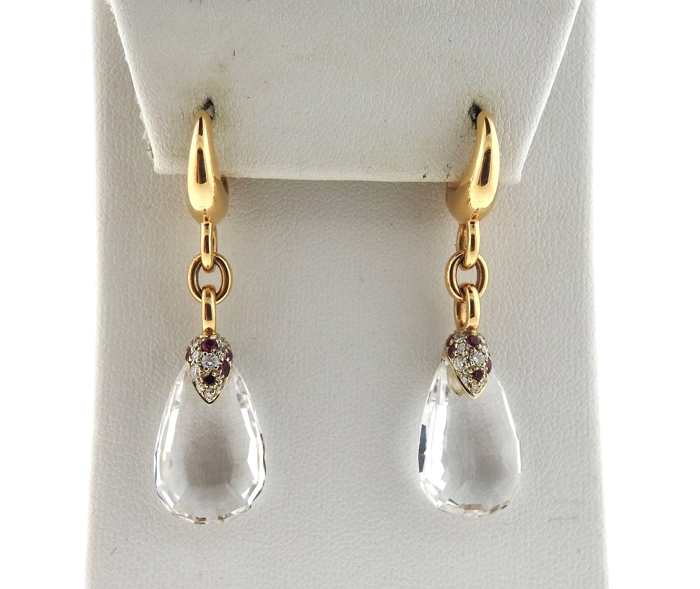 Women's or Men's Pomellato Pin Up Clear Quartz Diamond Gold Drop Earrings