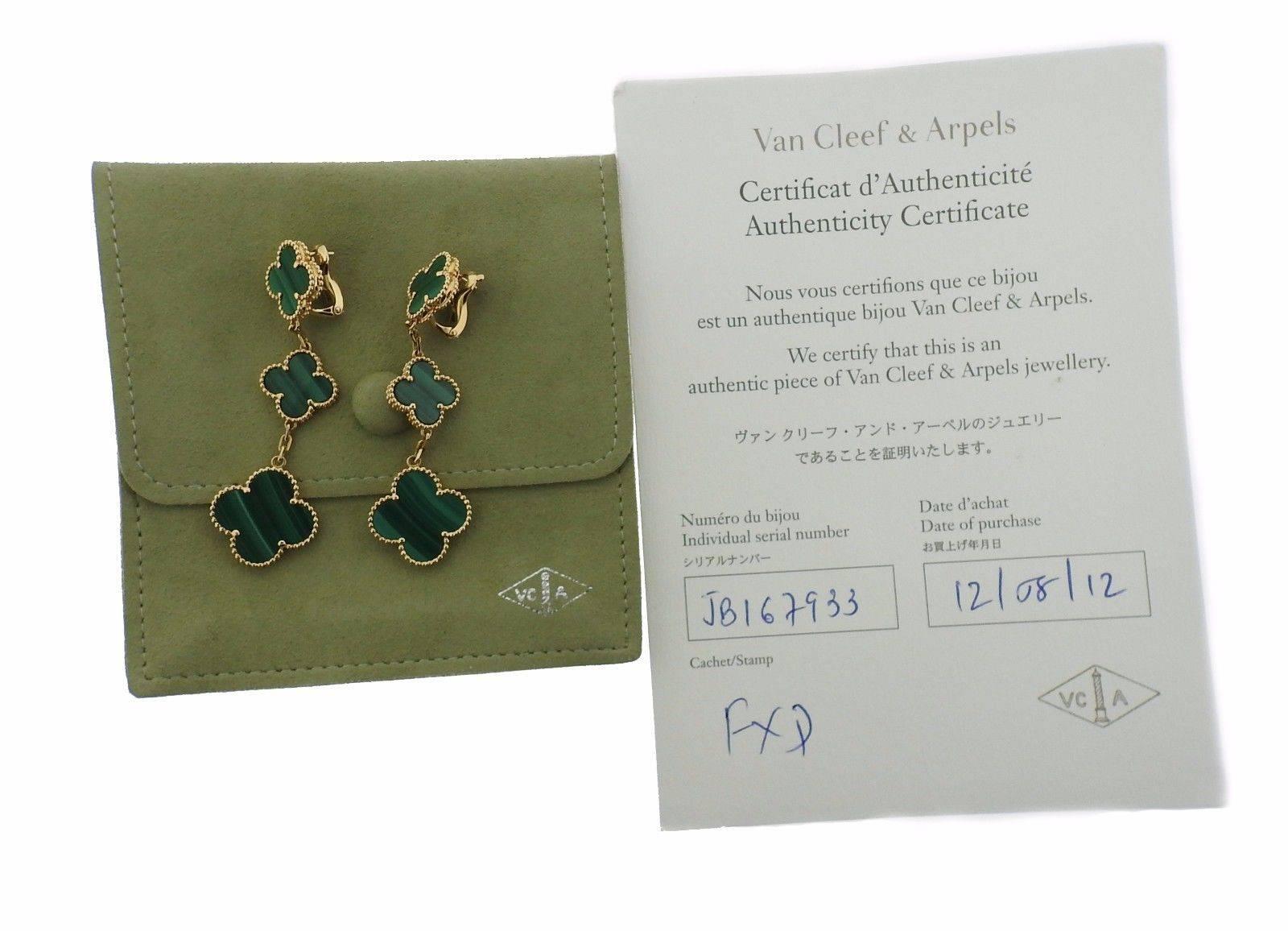 Van Cleef & Arpels VCA Magic Alhambra Malachite Gold Three Motif Earrings In Excellent Condition In Lambertville, NJ