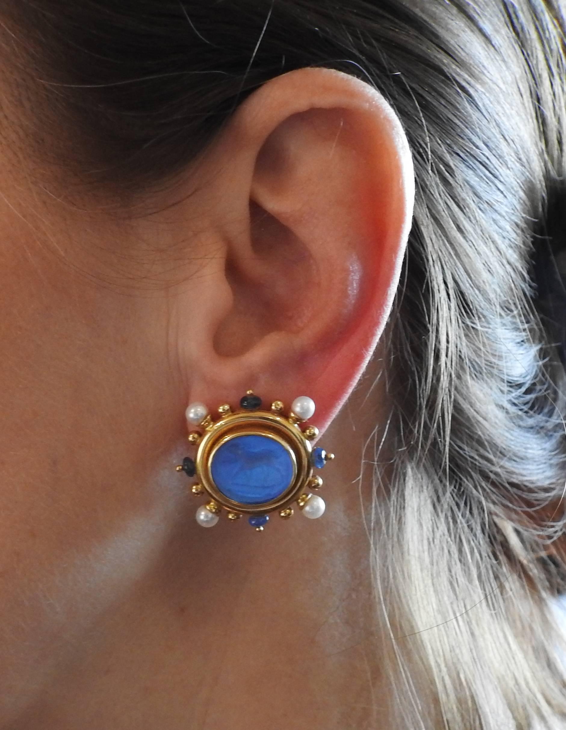Elizabeth Locke Gold Pearl Sapphire Venetian Glass Intaglio Earrings In Excellent Condition In Lambertville, NJ