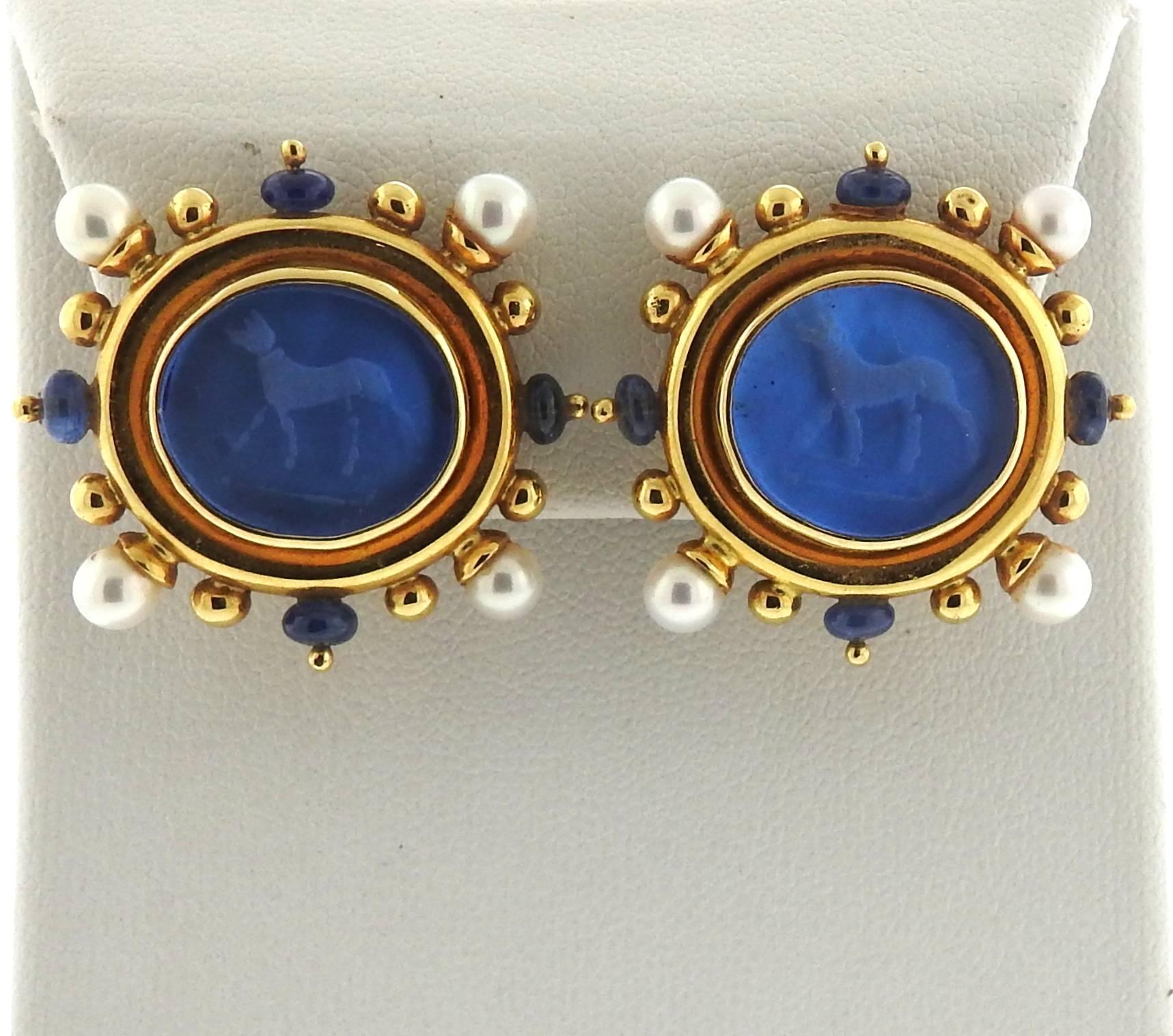 Elizabeth Locke Gold Pearl Sapphire Venetian Glass Intaglio Earrings 1