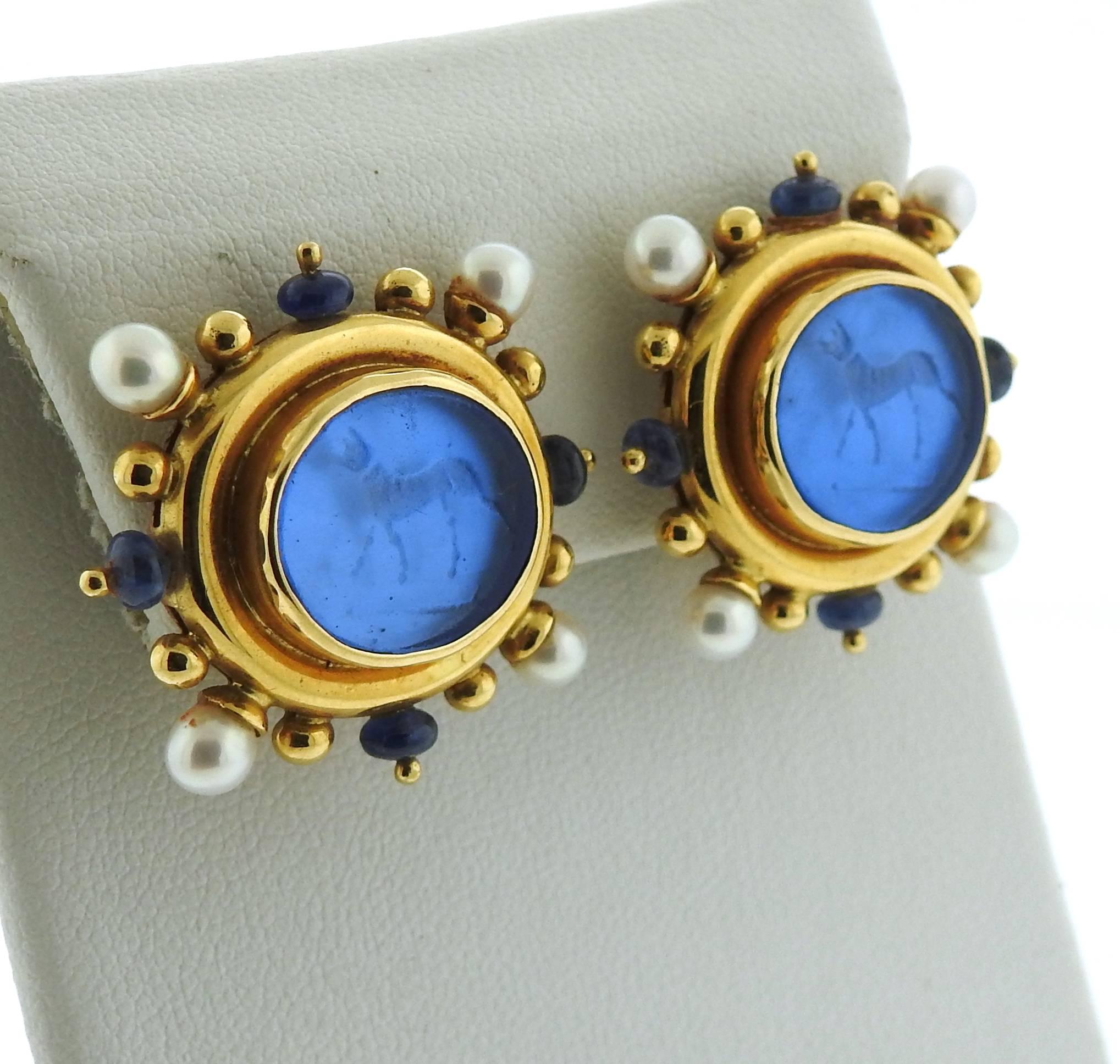 Women's Elizabeth Locke Gold Pearl Sapphire Venetian Glass Intaglio Earrings