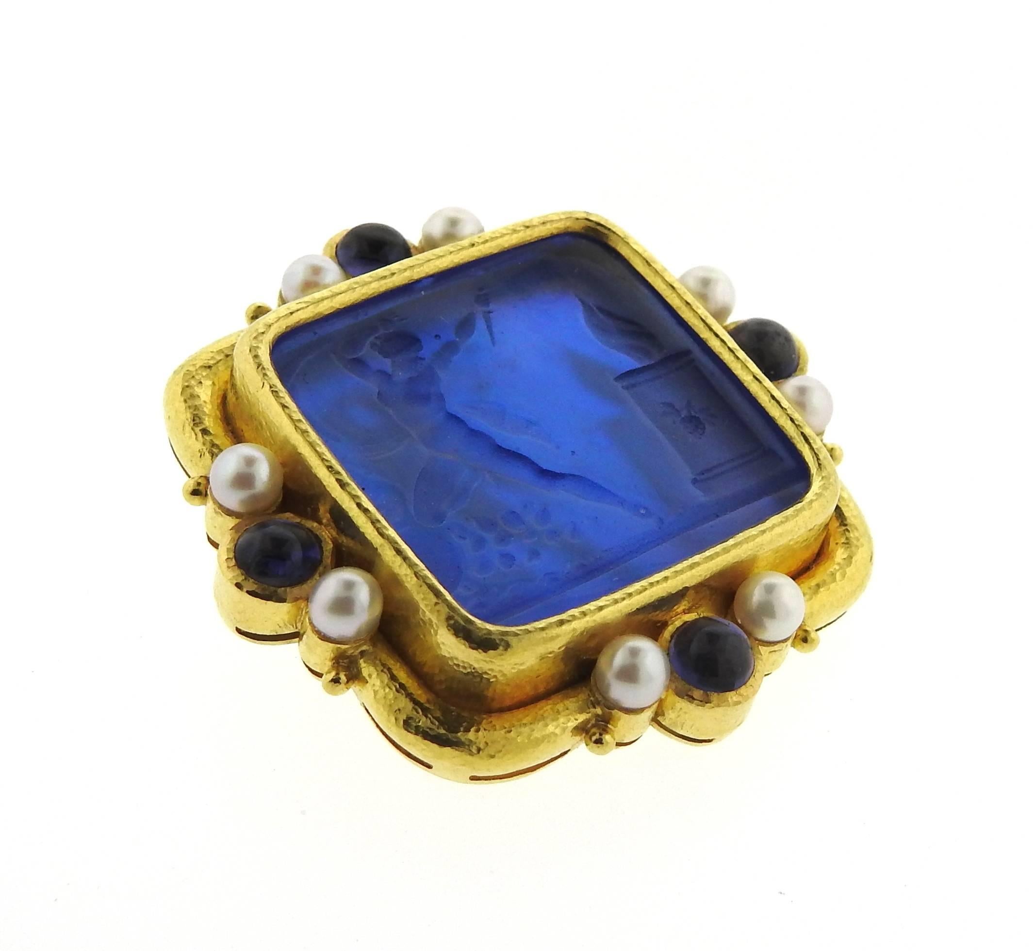 Elizabeth Locke Gold Pearl Sapphire Venetian Glass Intaglio Pendant Brooch In Excellent Condition In Lambertville, NJ
