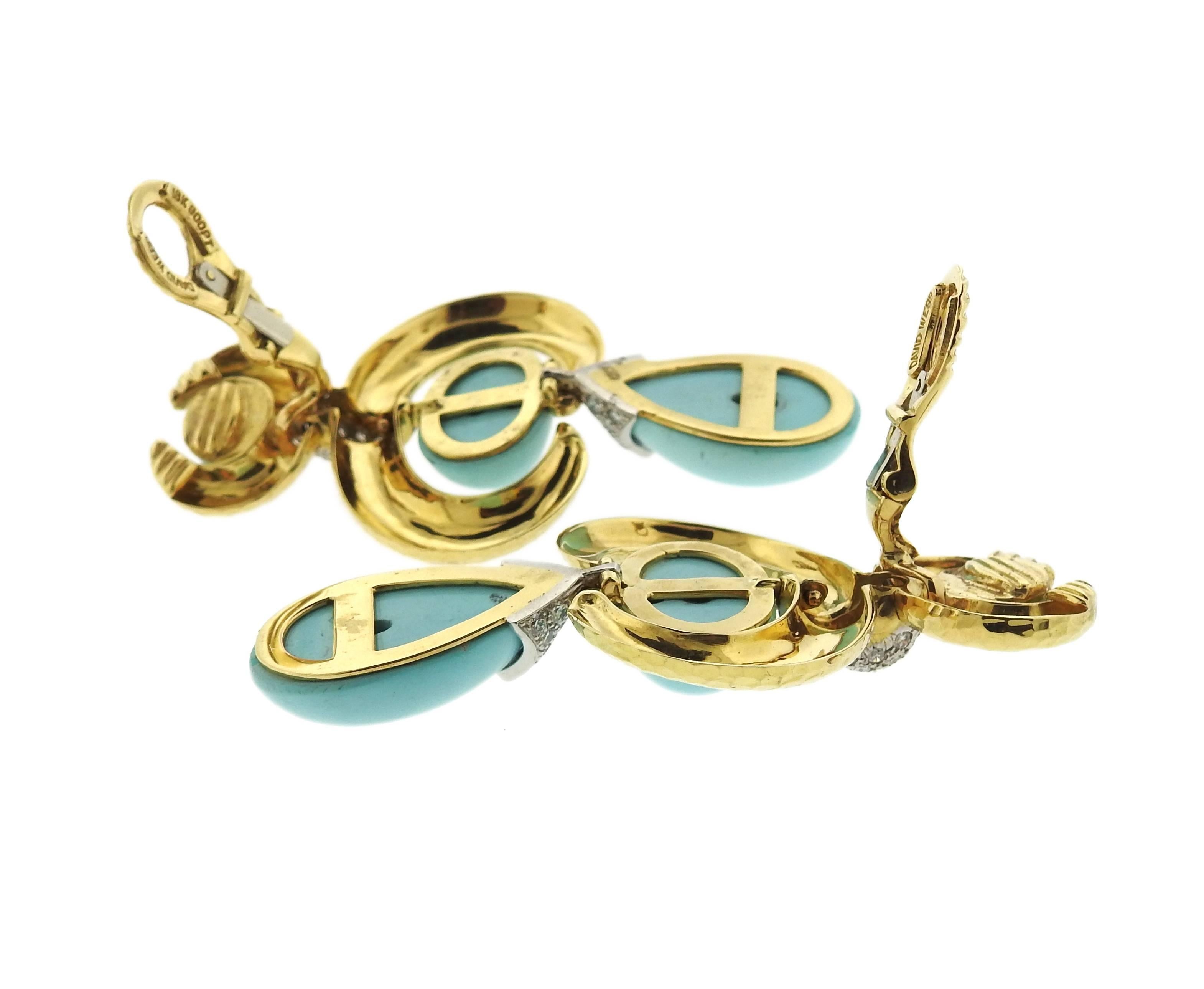 A pair of long drop earrings, crafted by David Webb, set in 18k hammered gold and platinum, decorated with turquoise and approximately 2.24ctw in diamonds. Earrings measure 70mm long x 40mm at widest points. Marked: pt900,18k, David Webb. Weight -