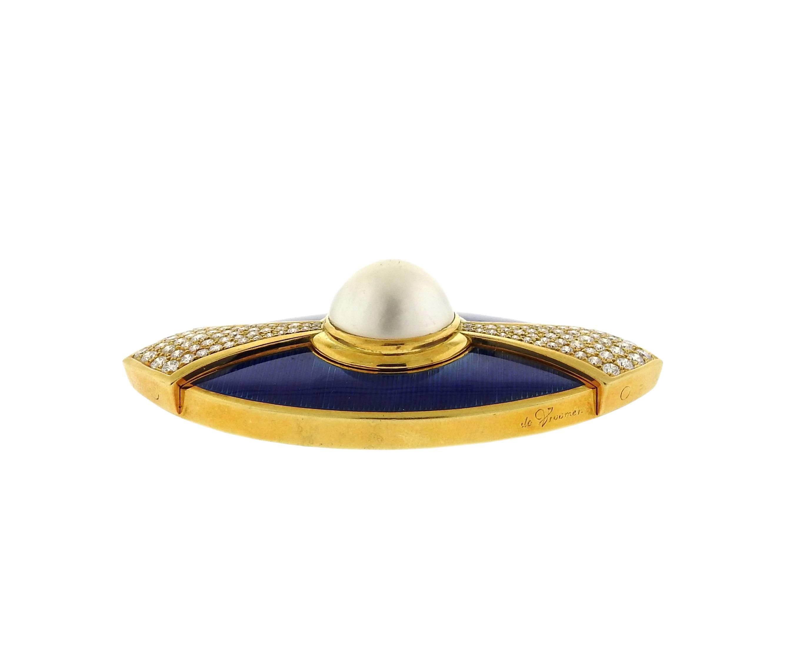 Leo de Vroomen Gold Pearl Diamond Enamel Brooch Pin  In Excellent Condition In Lambertville, NJ