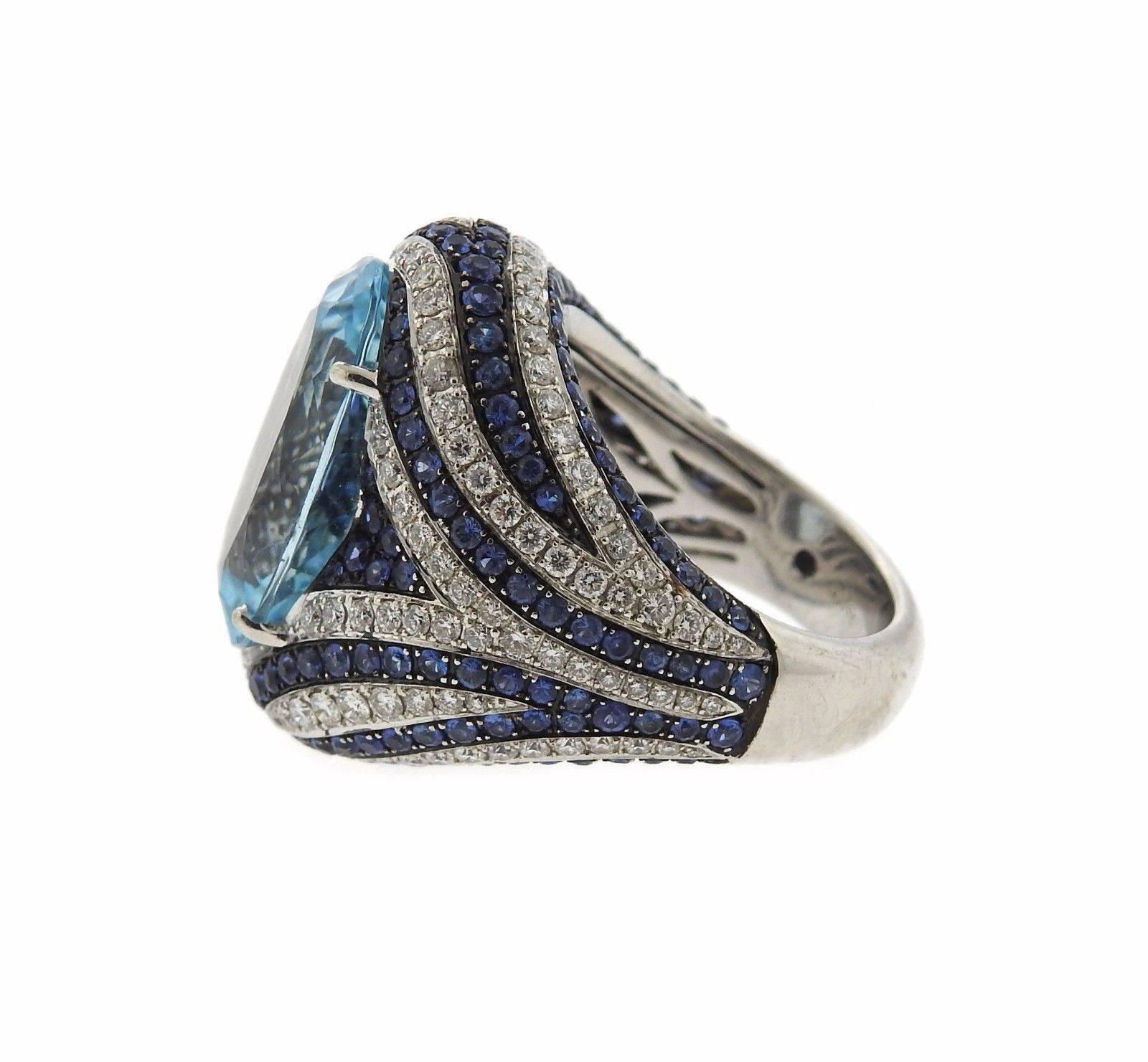 Asprey Gold Diamond Sapphire Blue Topaz Cocktail Ring 1