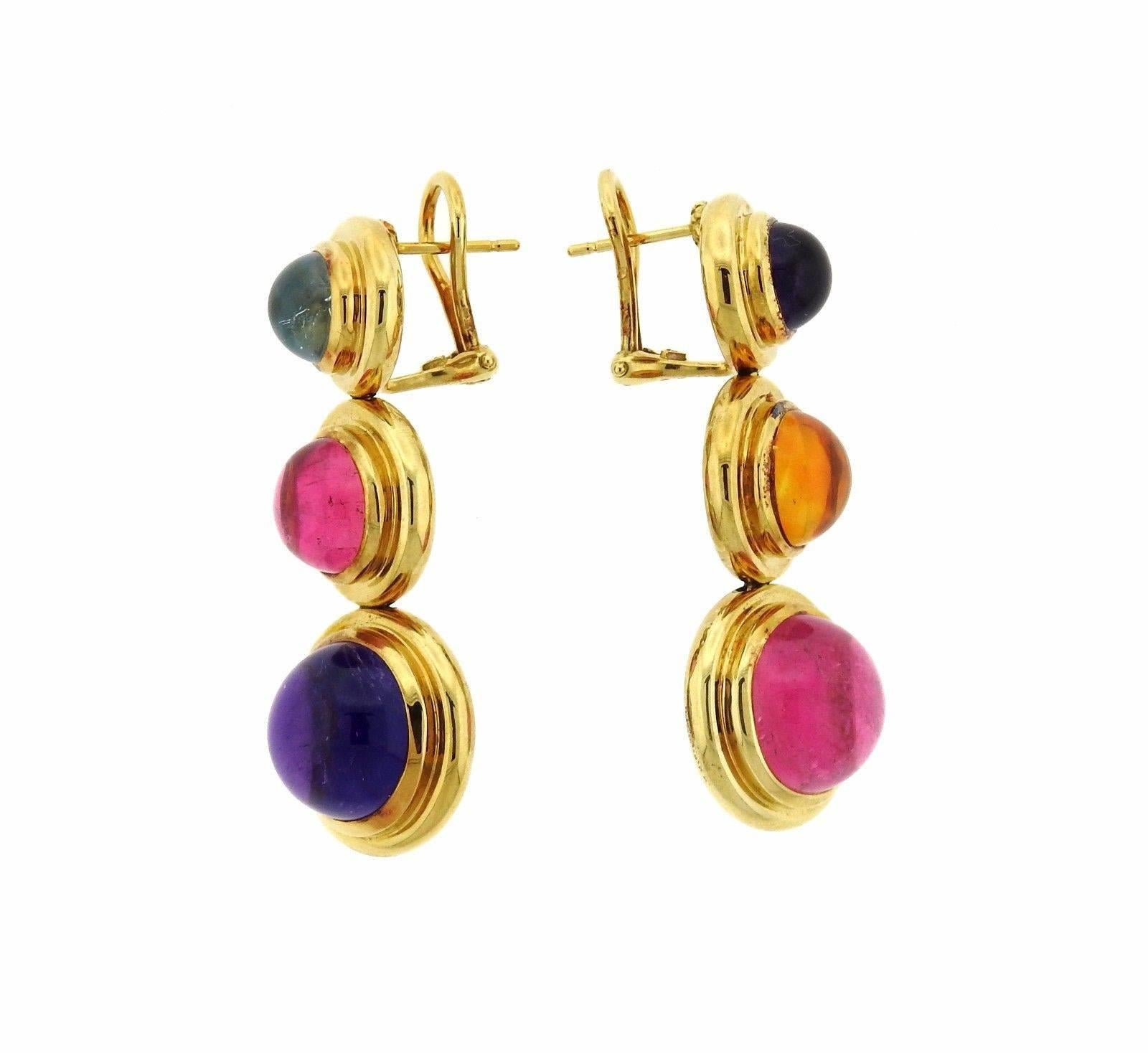 Tiffany & Co. Paloma Picasso Gold Gemstone Cabochon Drop Earrings In Excellent Condition In Lambertville, NJ