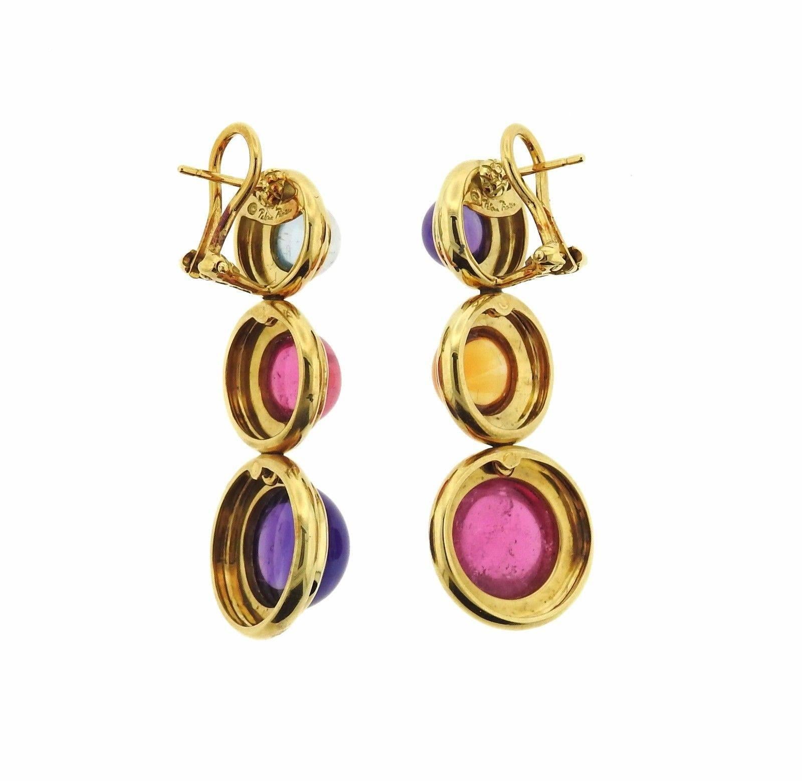 A pair of 18k yellow gold earrings set with amethyst, citrine, pink tourmaline and aquamarine.  The earrings measure 18mm x 46mm and weigh 26.7 grams.  Marked: T&Co, Paloma Picasso.