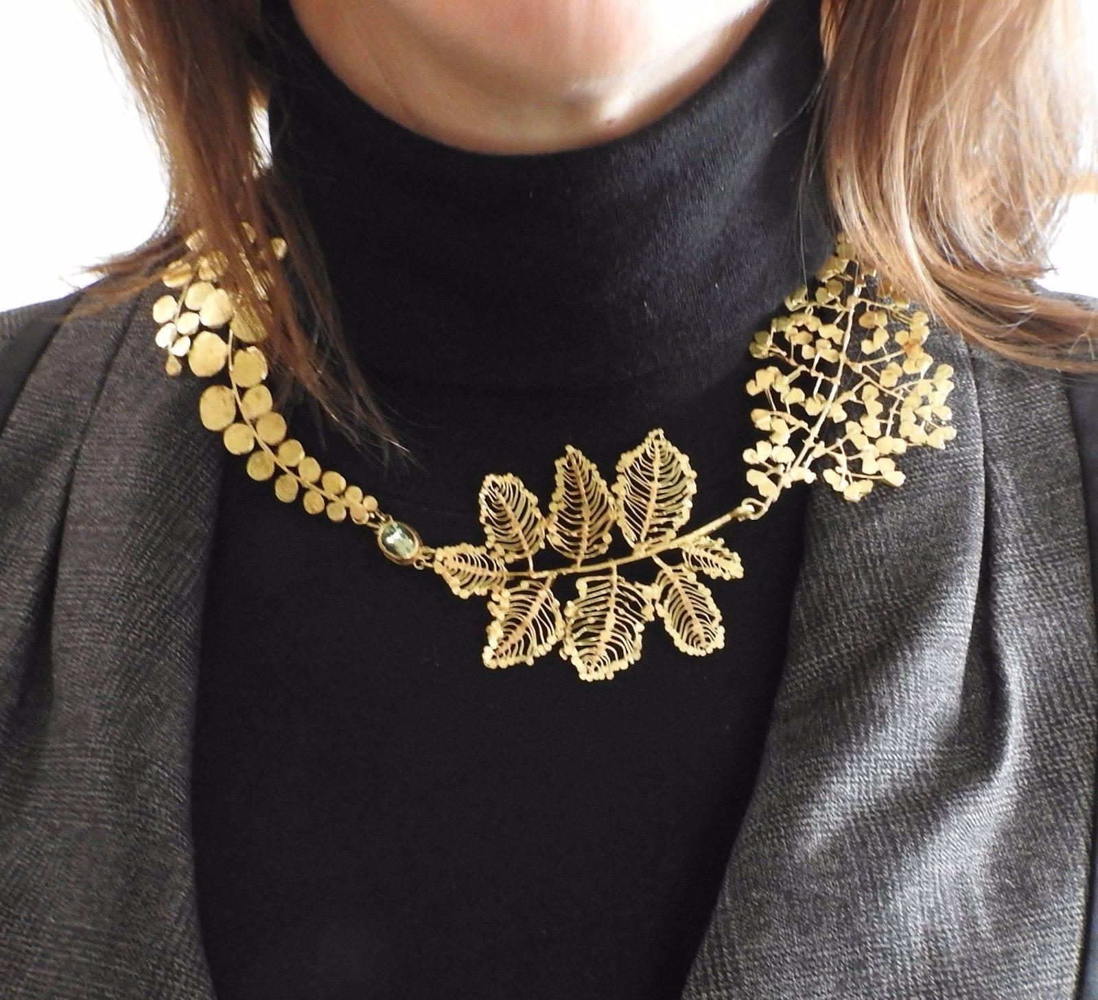 Women's Judy Geib Gold Gemstone Floral Leaf Motif Collar Necklace
