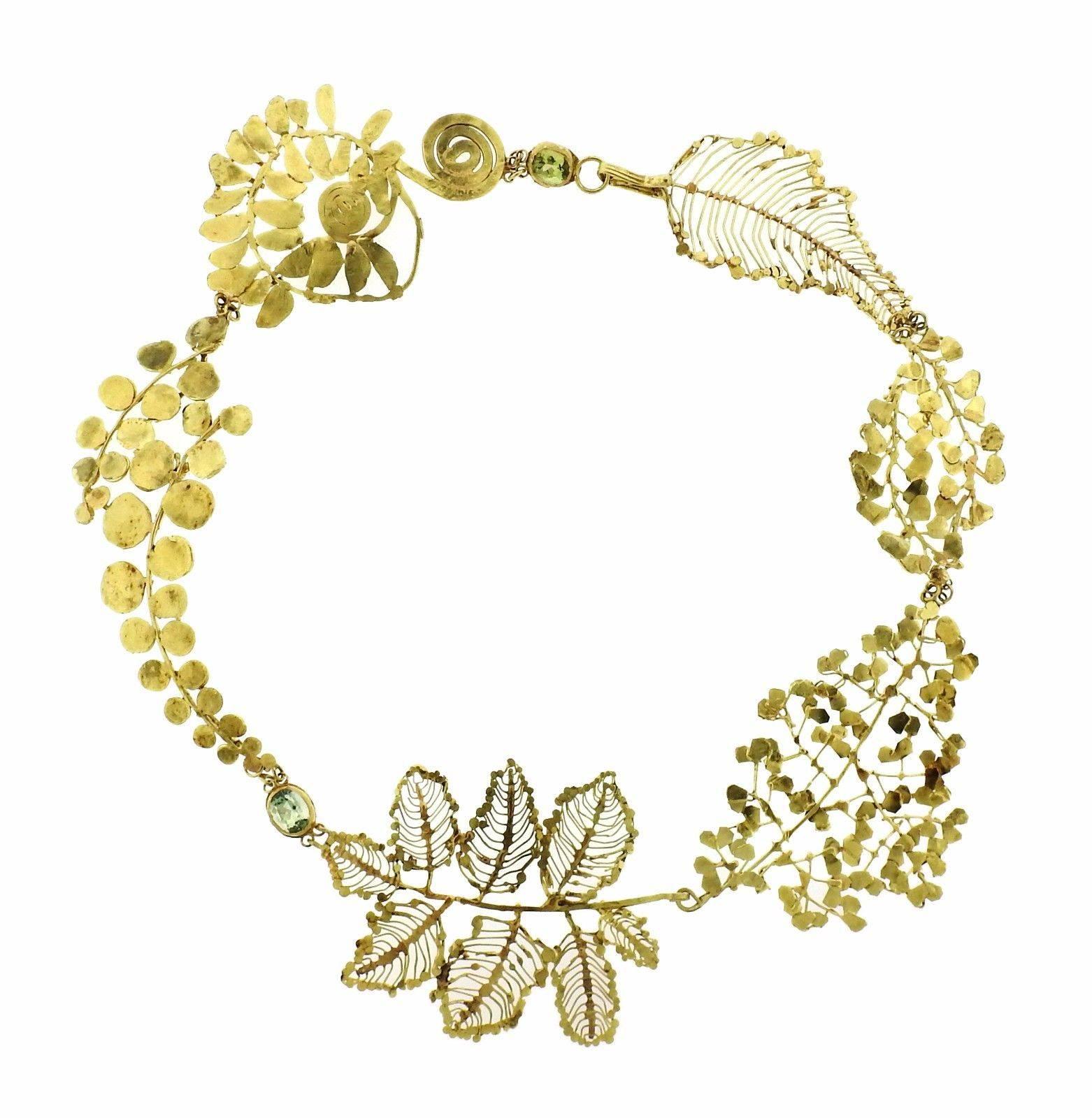 Judy Geib Gold Gemstone Floral Leaf Motif Collar Necklace In Excellent Condition In Lambertville, NJ