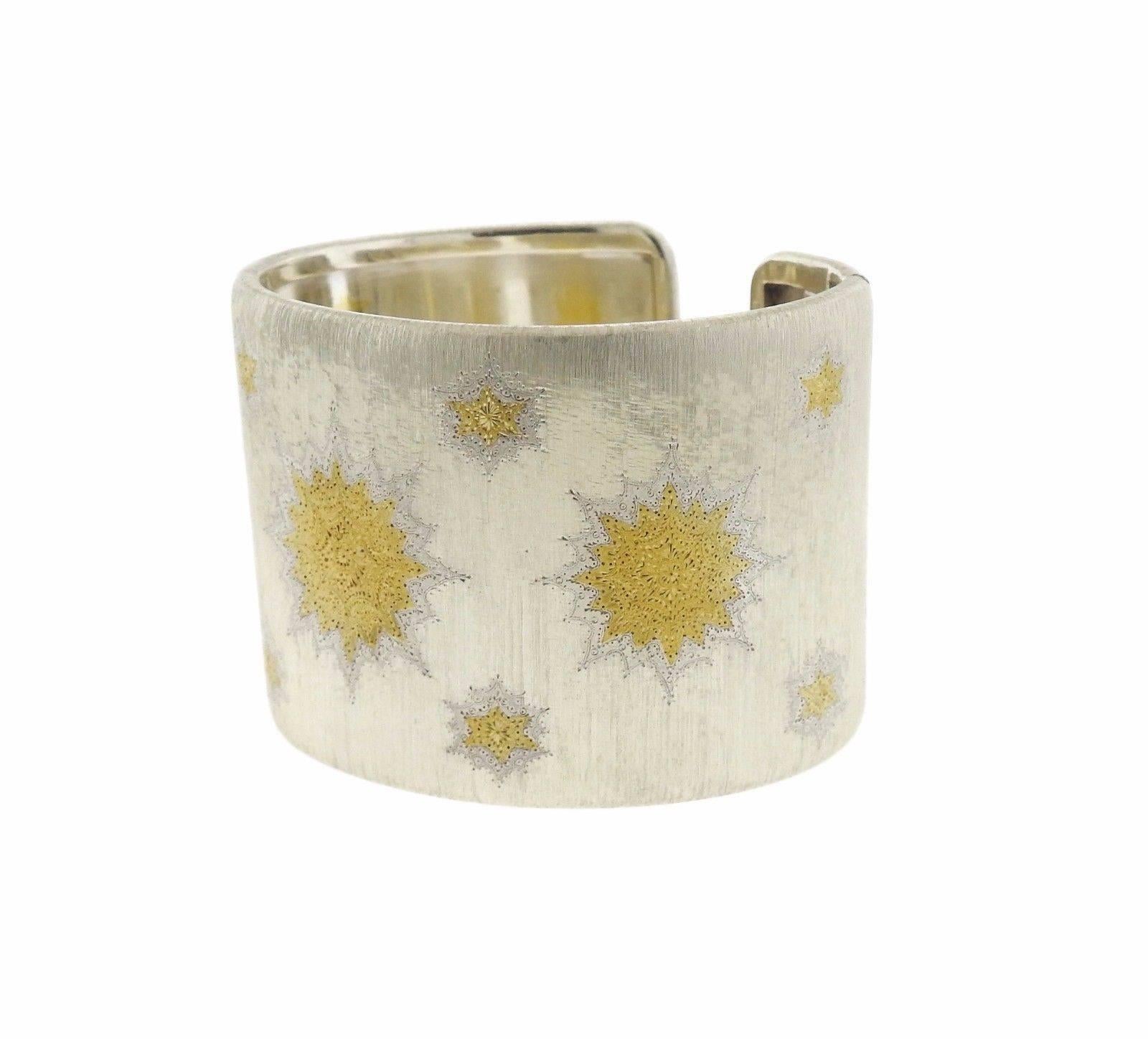 Buccellati Sterling Silver Gold Wide Cuff Bracelet In Excellent Condition In Lambertville, NJ