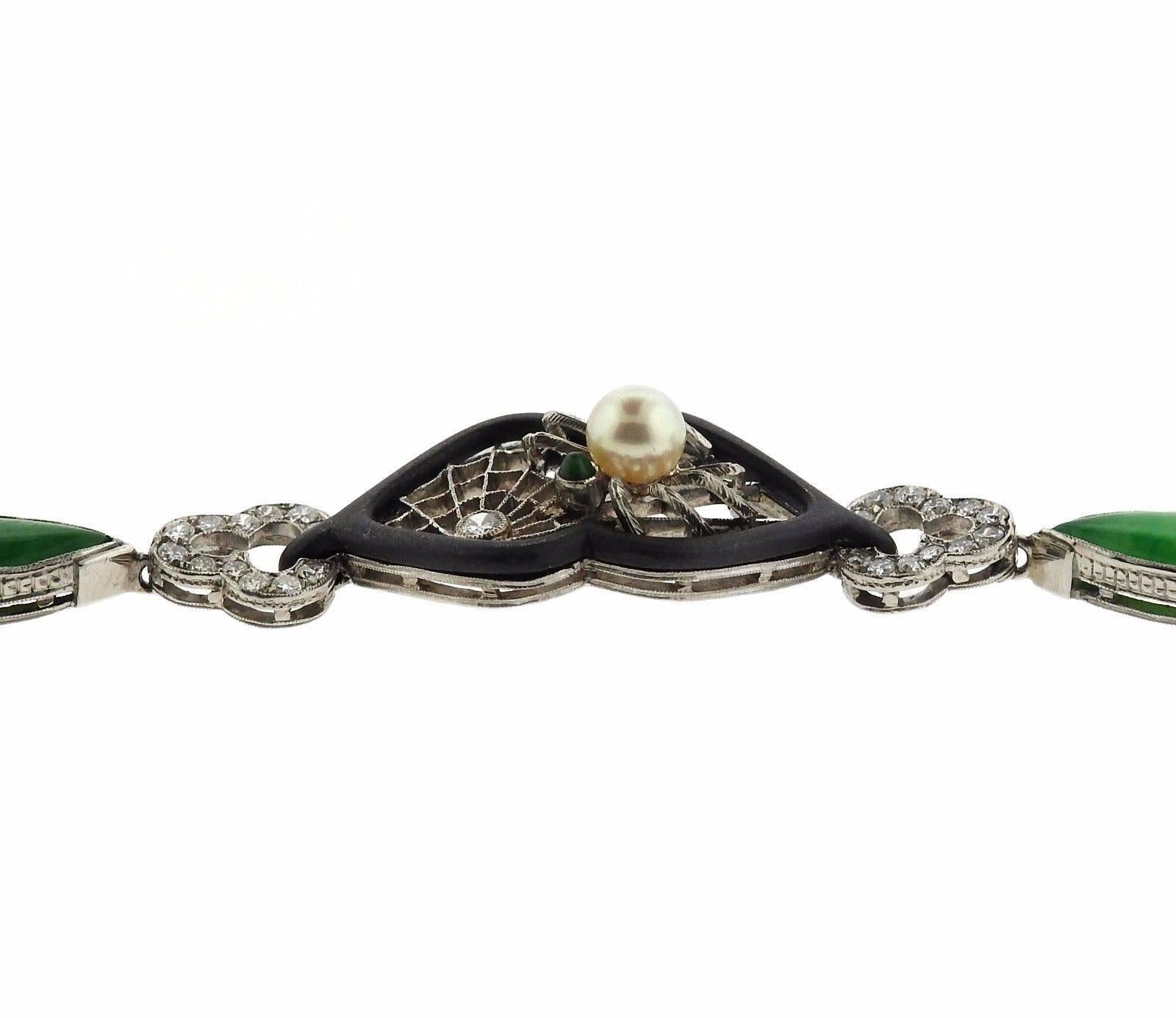 Women's Marsh Art Deco Gold Oxidized Steel Jadeite Diamond Pearl Bracelet For Sale