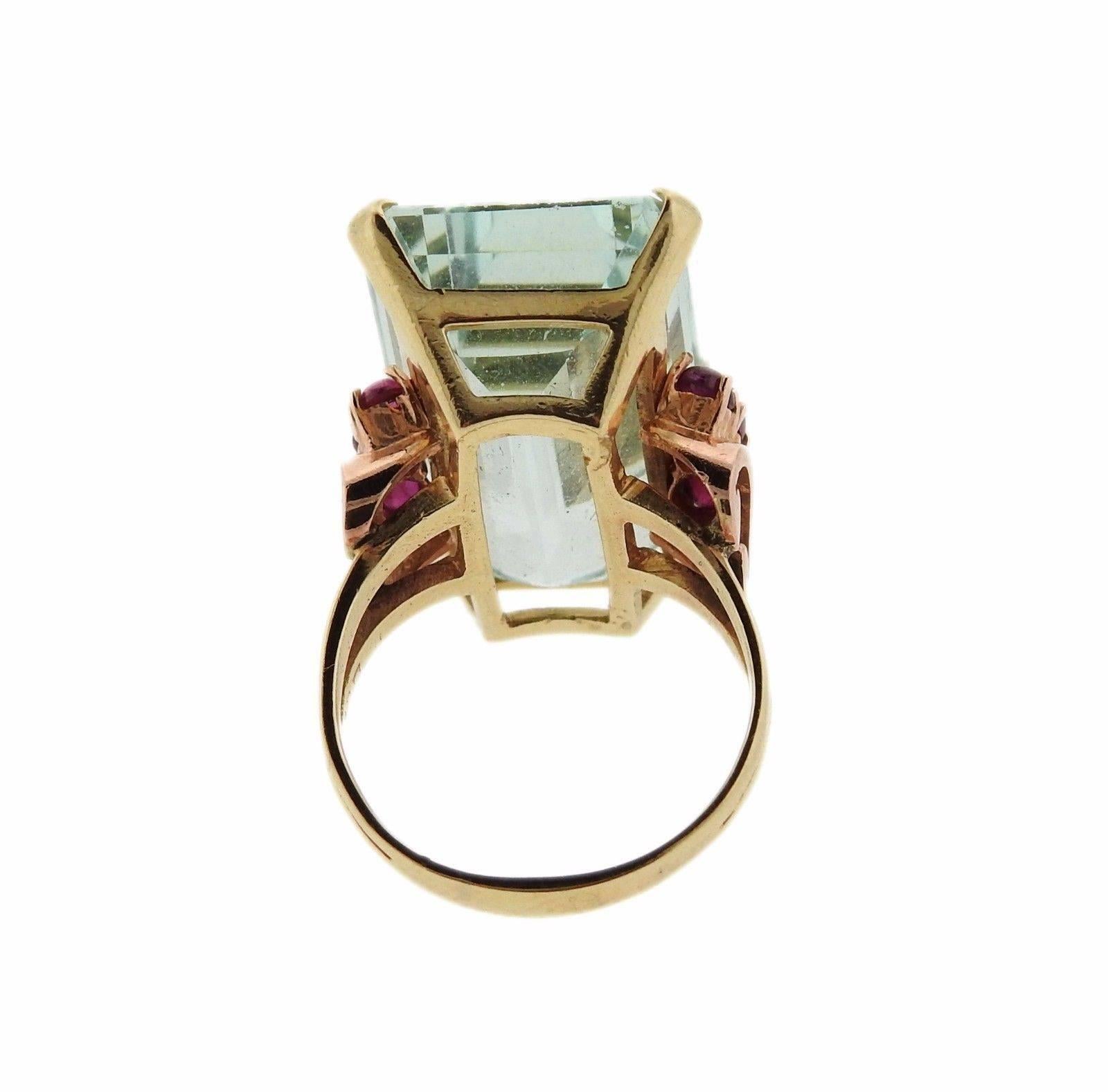 Retro Gold Aquamarine Ruby Cocktail Ring In Excellent Condition In Lambertville, NJ