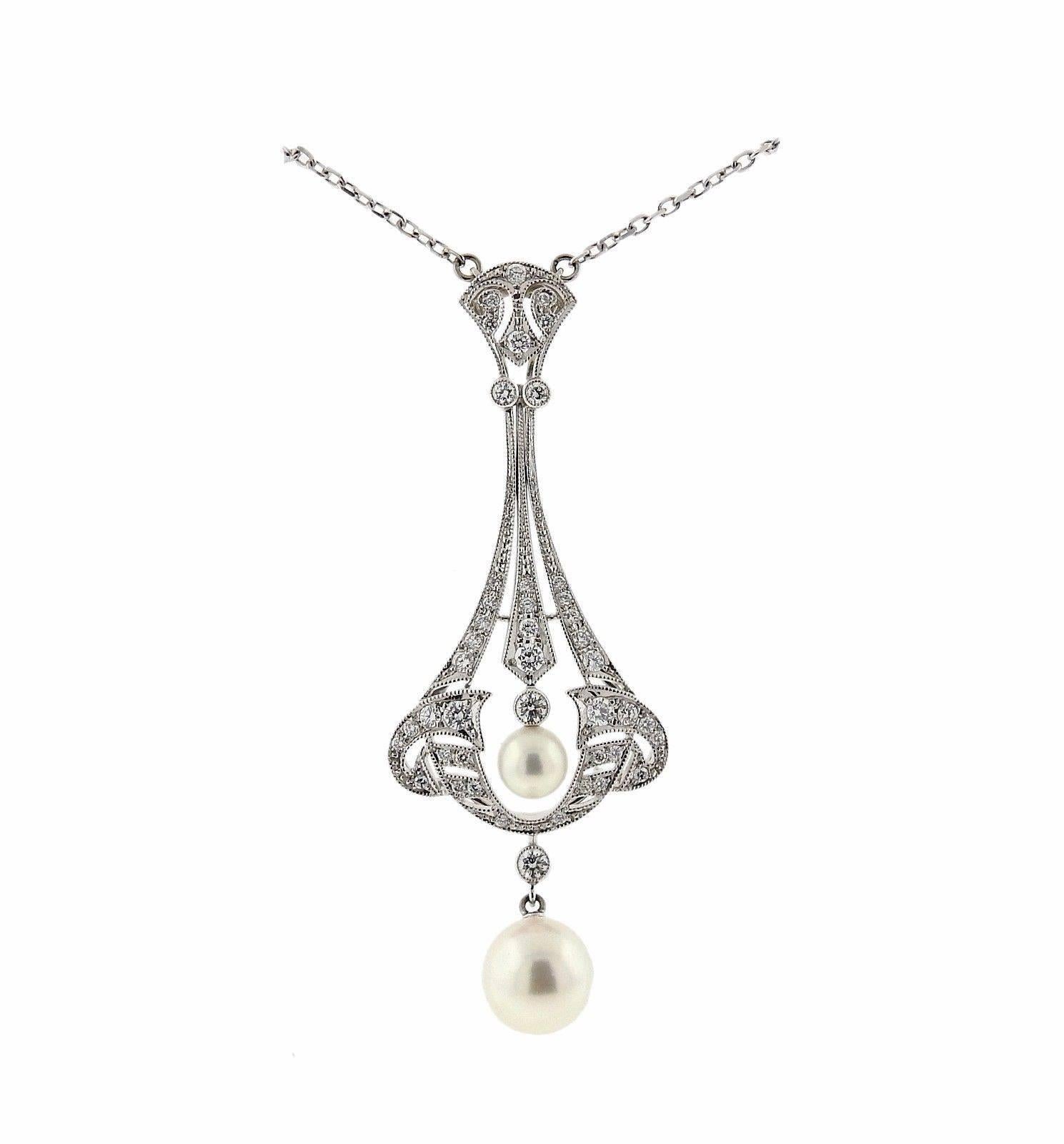 Women's Mikimoto Gold Diamond Pearl Drop Pendant Necklace