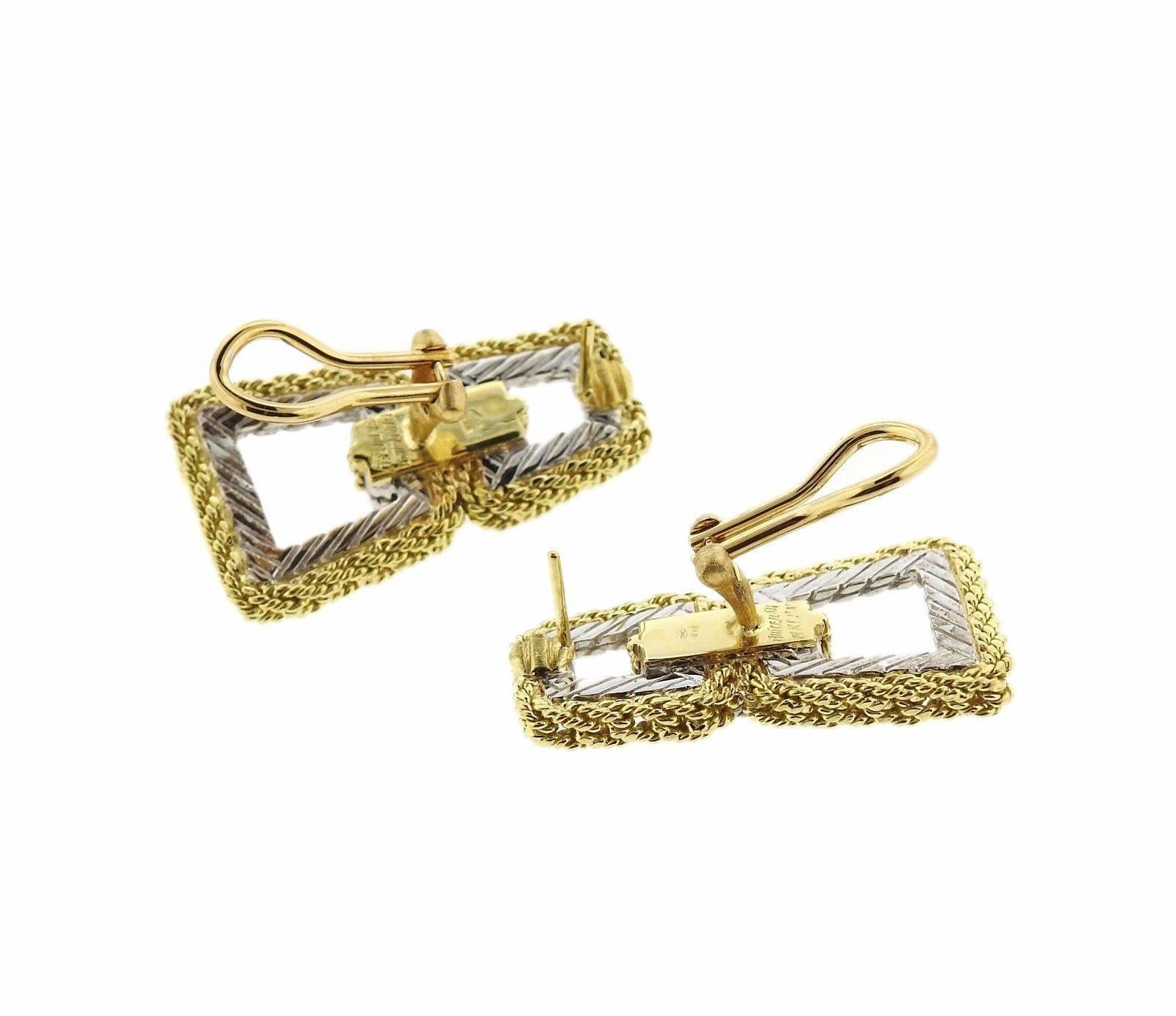 A pair of 18k yellow and white gold earrings measuring 32mm x 20mm.  The weight of the pair is 27.8 grams.  Marked: 18k, Italy, Buccellati.  The retail for the pair is $9310.