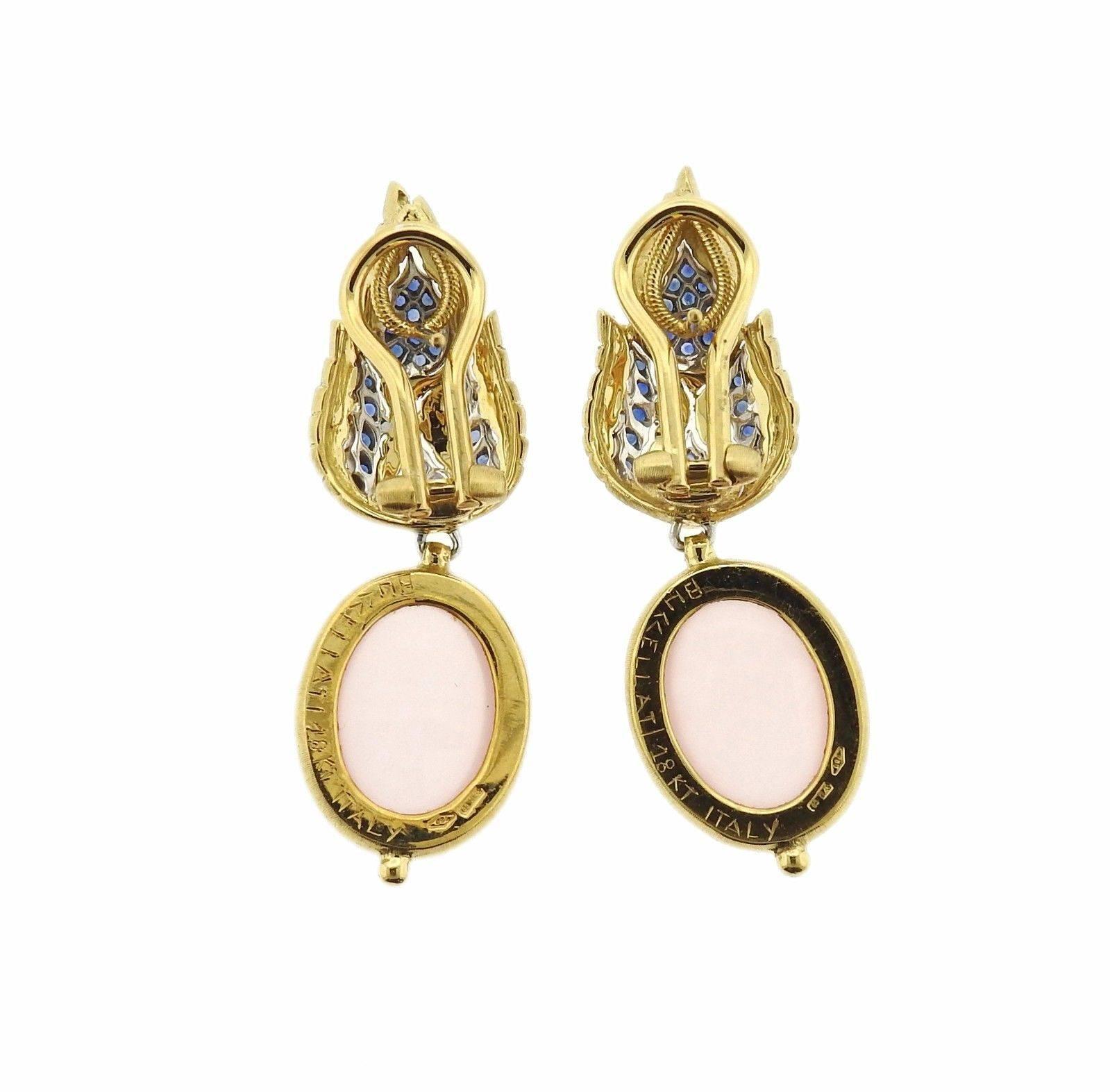 Cabochon Buccellati Rose Quartz Sapphire Drop Two Color Gold Earrings For Sale