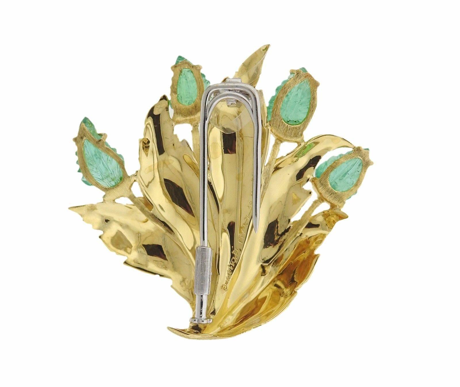Women's Buccellati Carved Emerald Leaf Motif Gold Brooch Pin