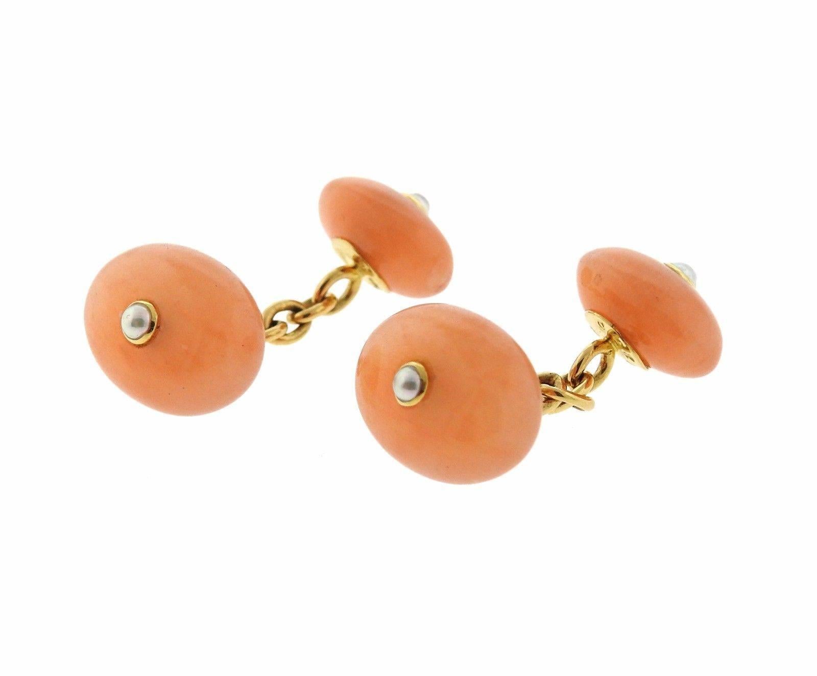 Trianon Pearl Gemstone Gold Oval Cufflinks In Excellent Condition In Lambertville, NJ