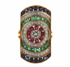 1980s Gold Diamond Ruby Sapphire Emerald Cocktail Ring