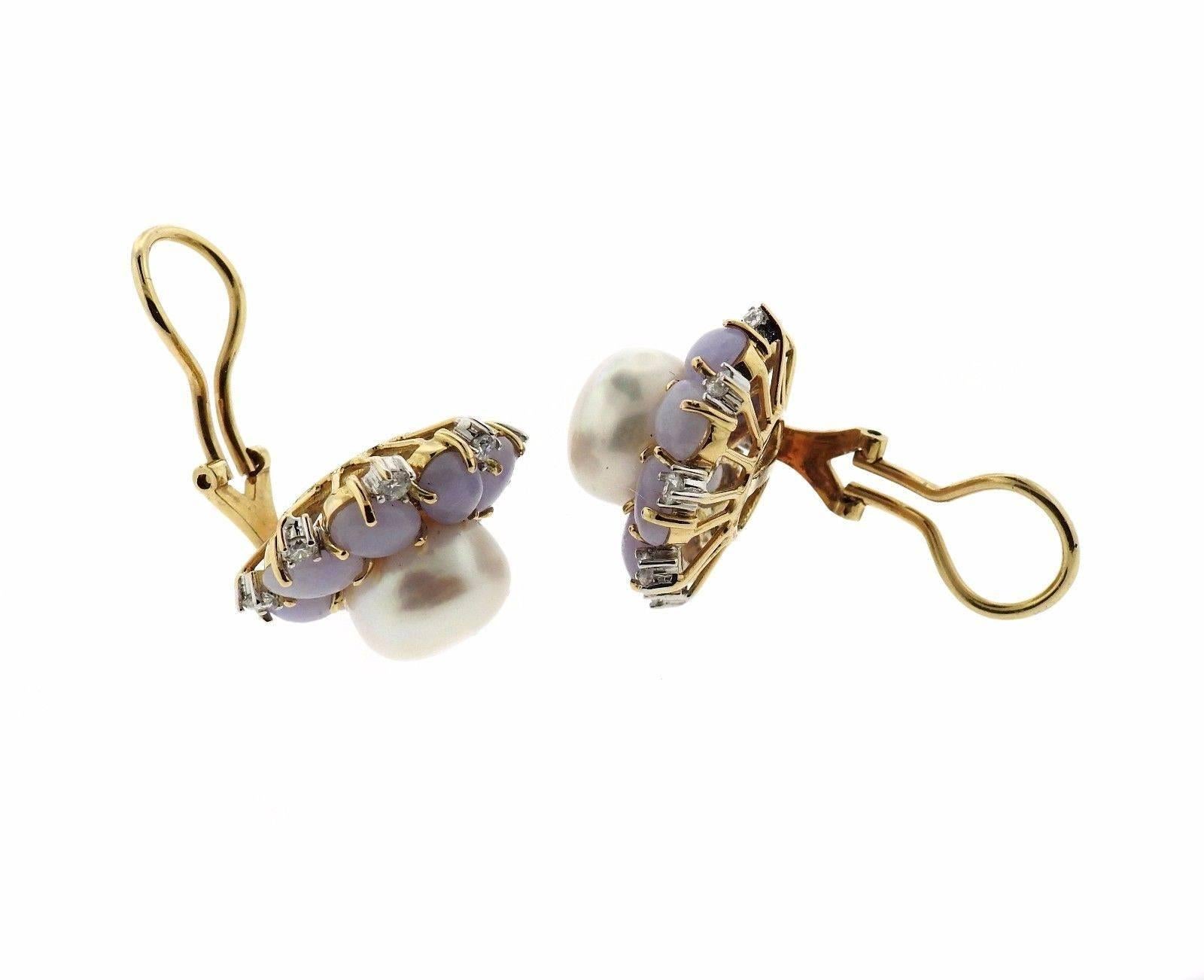 Lavender Jade Pearl Diamond Gold Earrings In Excellent Condition In Lambertville, NJ