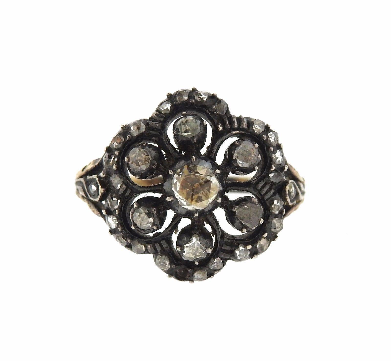 Antique Rose Cut Diamond Silver Gold Ring In Excellent Condition In Lambertville, NJ