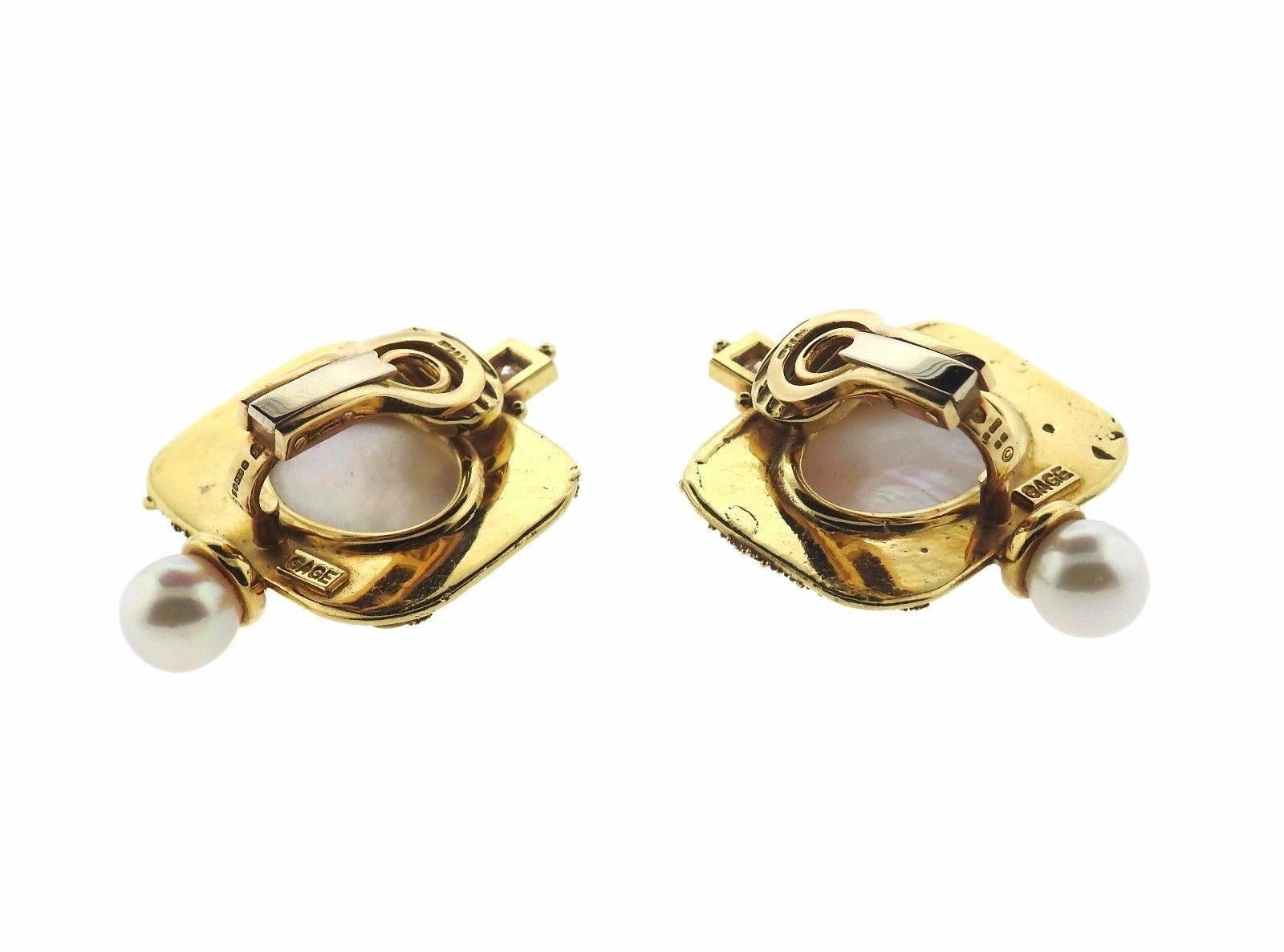 A pair of 18k yellow gold earrings set with pearls and approximately 0.16ctw.  The bottom pearl measures 7.5mm in diameter.  The earrings measure 35mm x 27mm and weigh 30.4 grams.  Marked:	Gage, 750 and English gold marks.