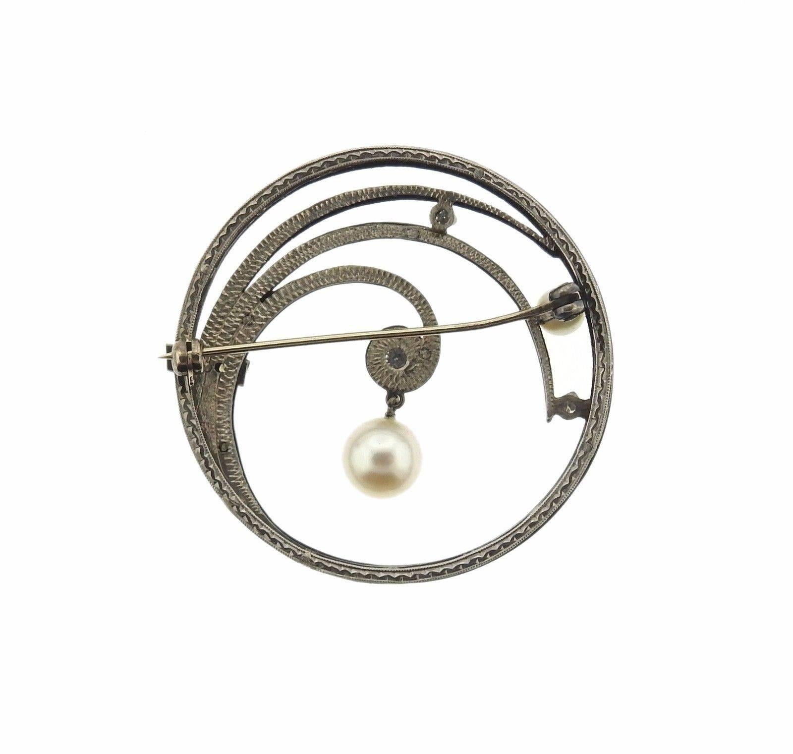 Marsh Pearl Diamond Oxidized Steel Gold Pin Brooch In Excellent Condition In Lambertville, NJ