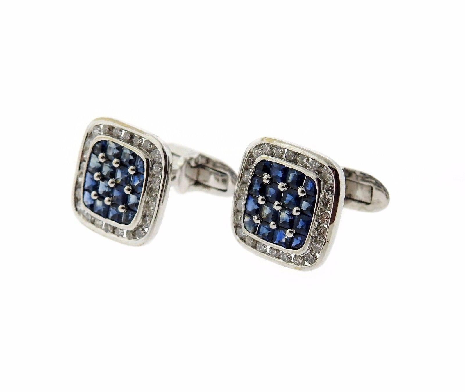 Sapphire Diamond Gold Square Cufflinks In Excellent Condition In Lambertville, NJ
