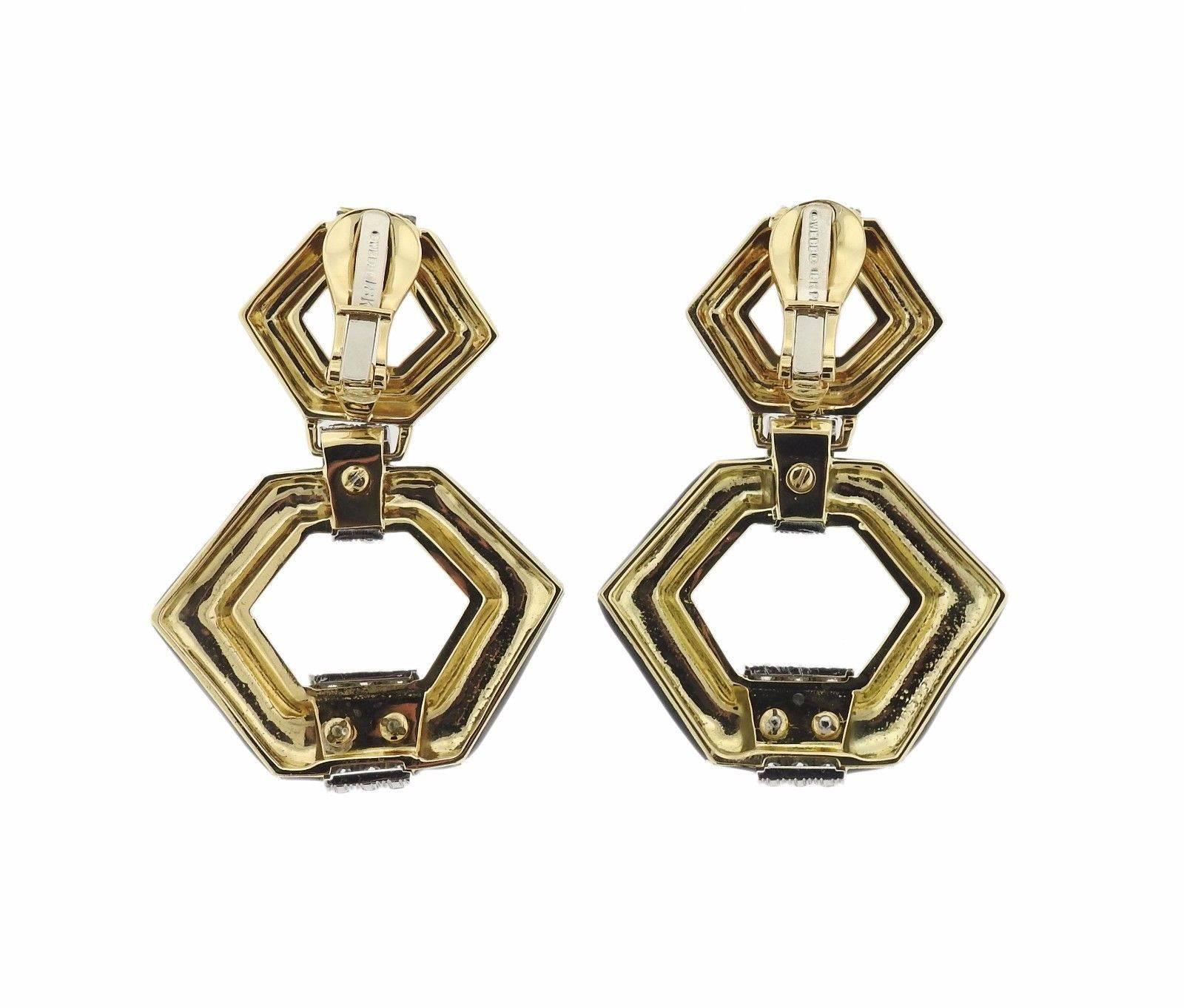 David Webb Manhattan Minimalism Enamel Diamond Gold Drop Earrings 3