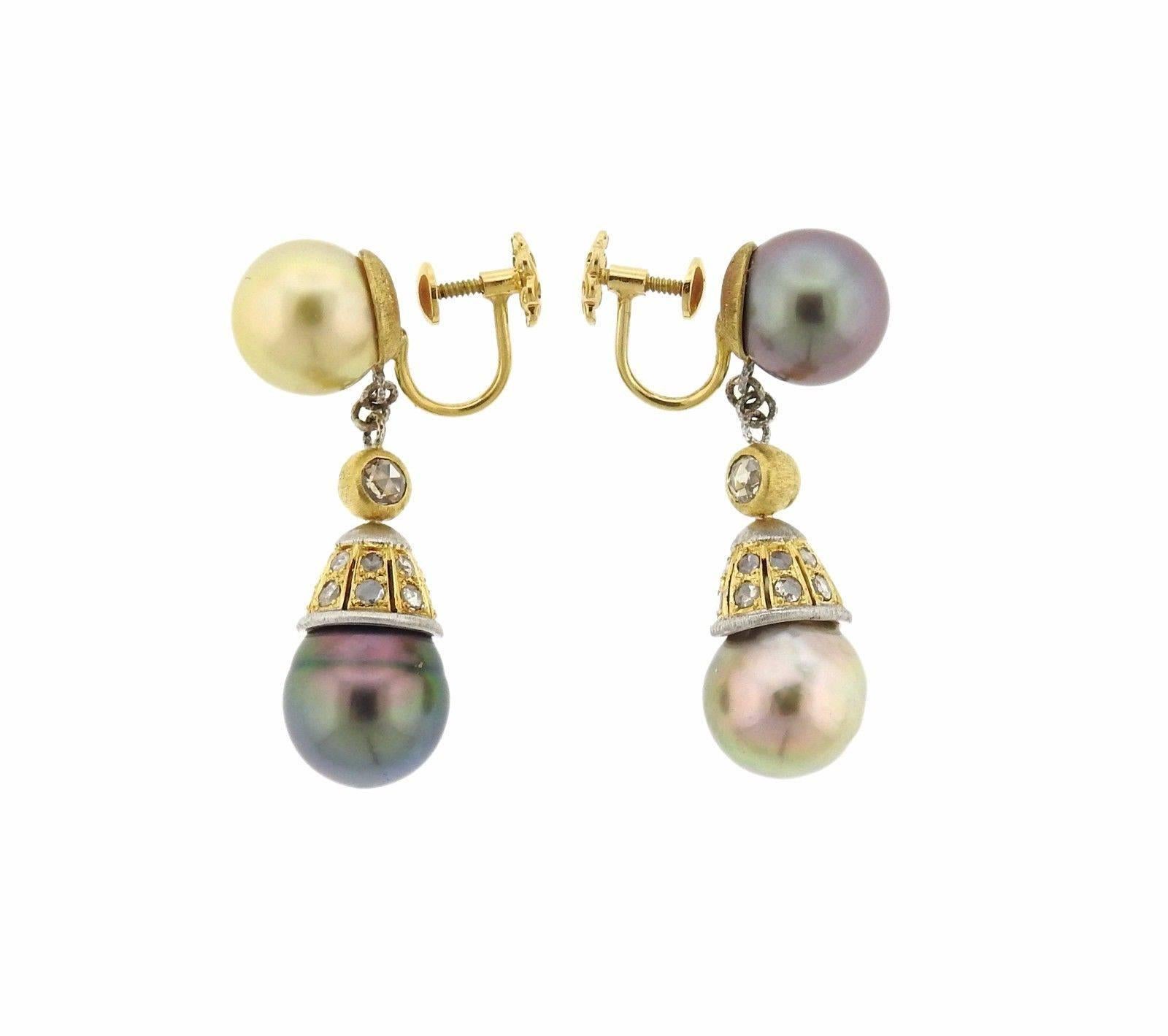 Buccellati Gold Diamond Pearl Drop Earrings In Excellent Condition In Lambertville, NJ