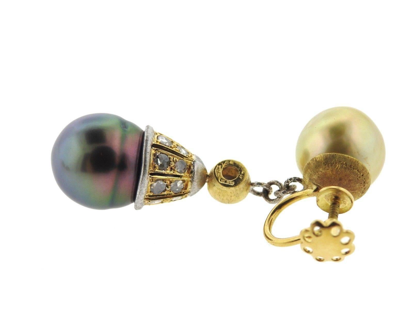 Women's Buccellati Gold Diamond Pearl Drop Earrings