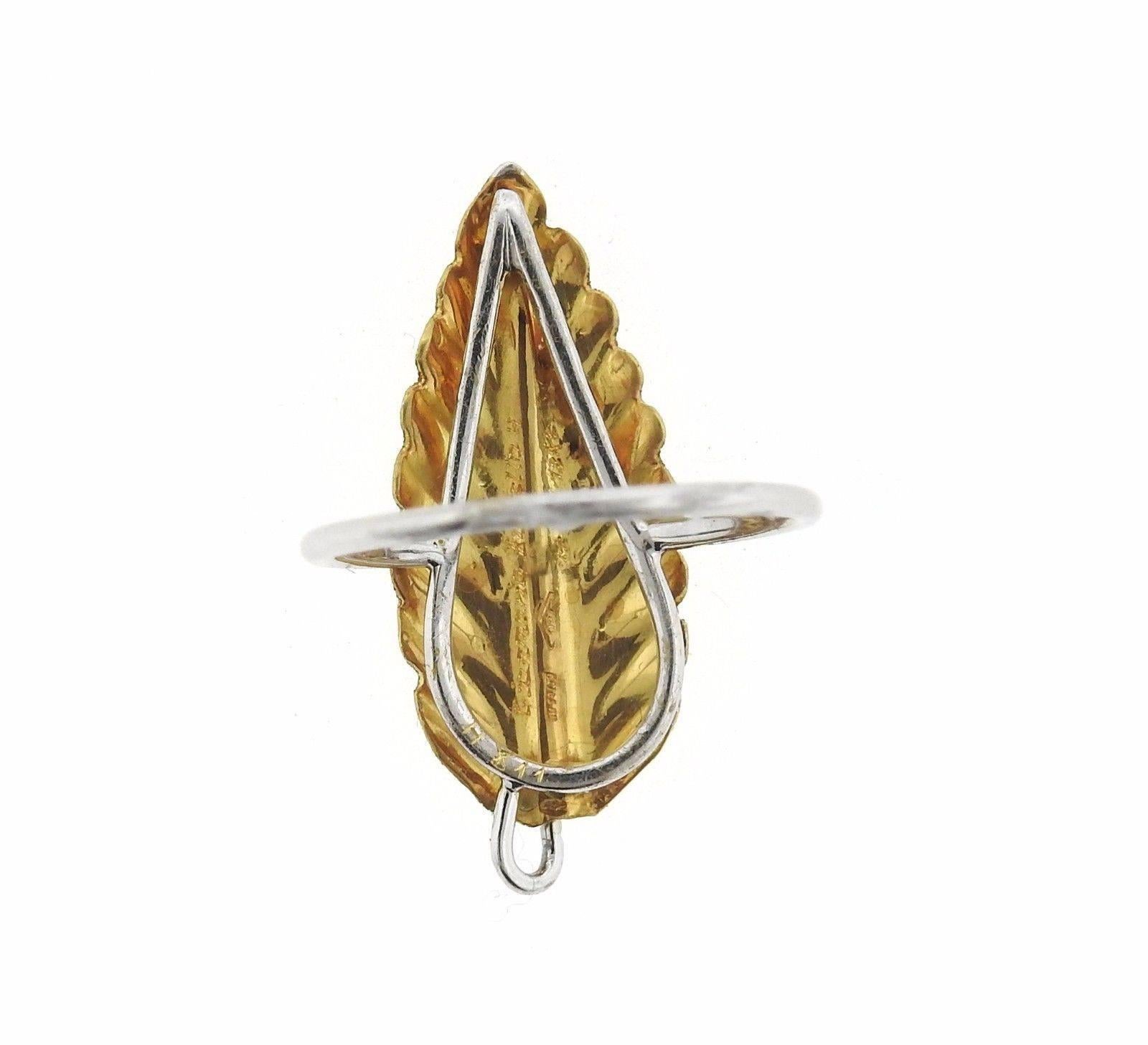 An 18k gold ring depicting a long leaf.  The ring is a size 5, and the top measures 26mm x 10.5mm.  The weight of the ring is 2.5 grams.  Marked:	Gianmaria Buccellati, 750, Italy, 18kt.  Current retail is $2810.