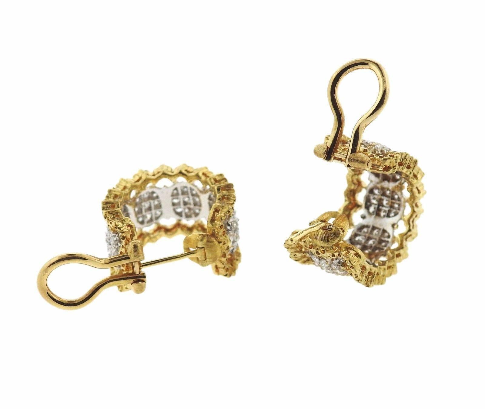 Buccellati Diamond Gold Hoop Earrings In New Condition For Sale In Lambertville, NJ